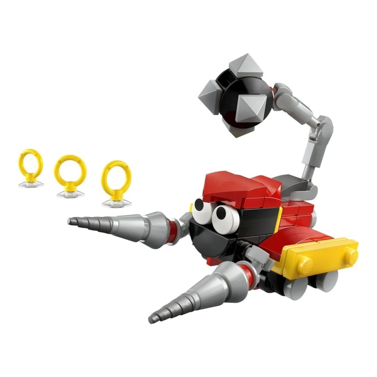 Un robot LEGO rosso con punte e una palla chiodata su un braccio robotico, con tre anelli gialli.