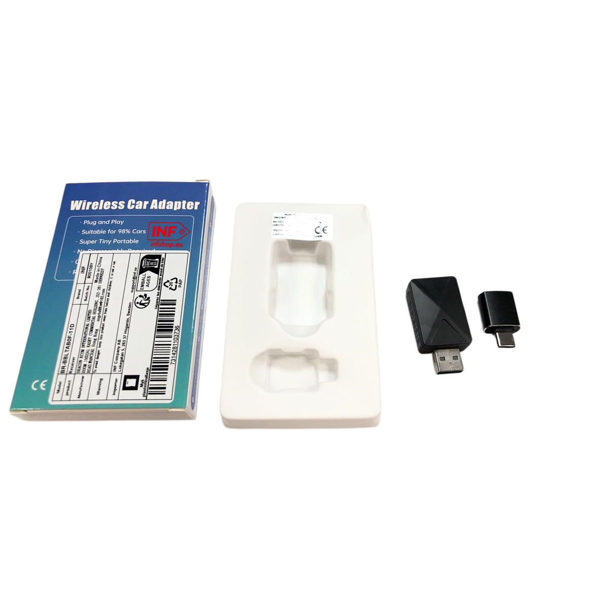 Pudełko, wytłoczka, klucz USB i adapter USB-C do bezprzewodowego adaptera samochodowego.