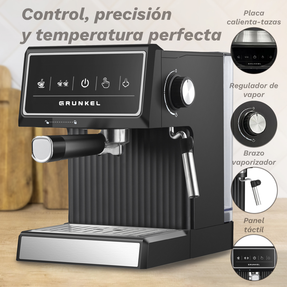 Cafetera espresso Grunkel negra con panel táctil, vaporizador y calentador de tazas.
