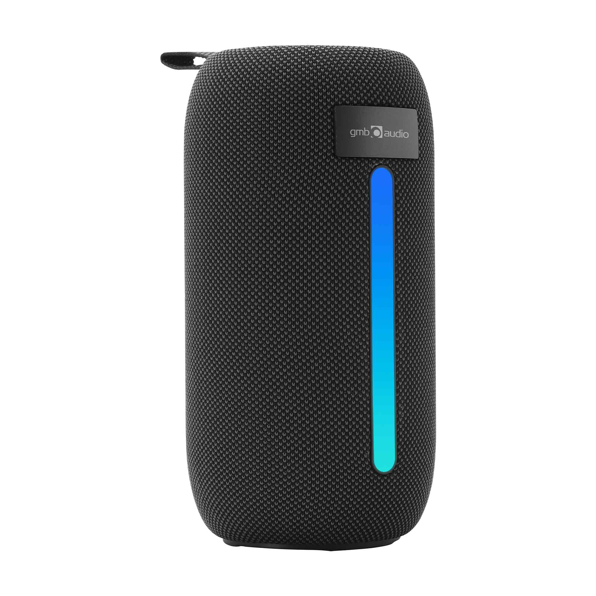 Altoparlante nero con striscia luminosa blu-verde e logo.