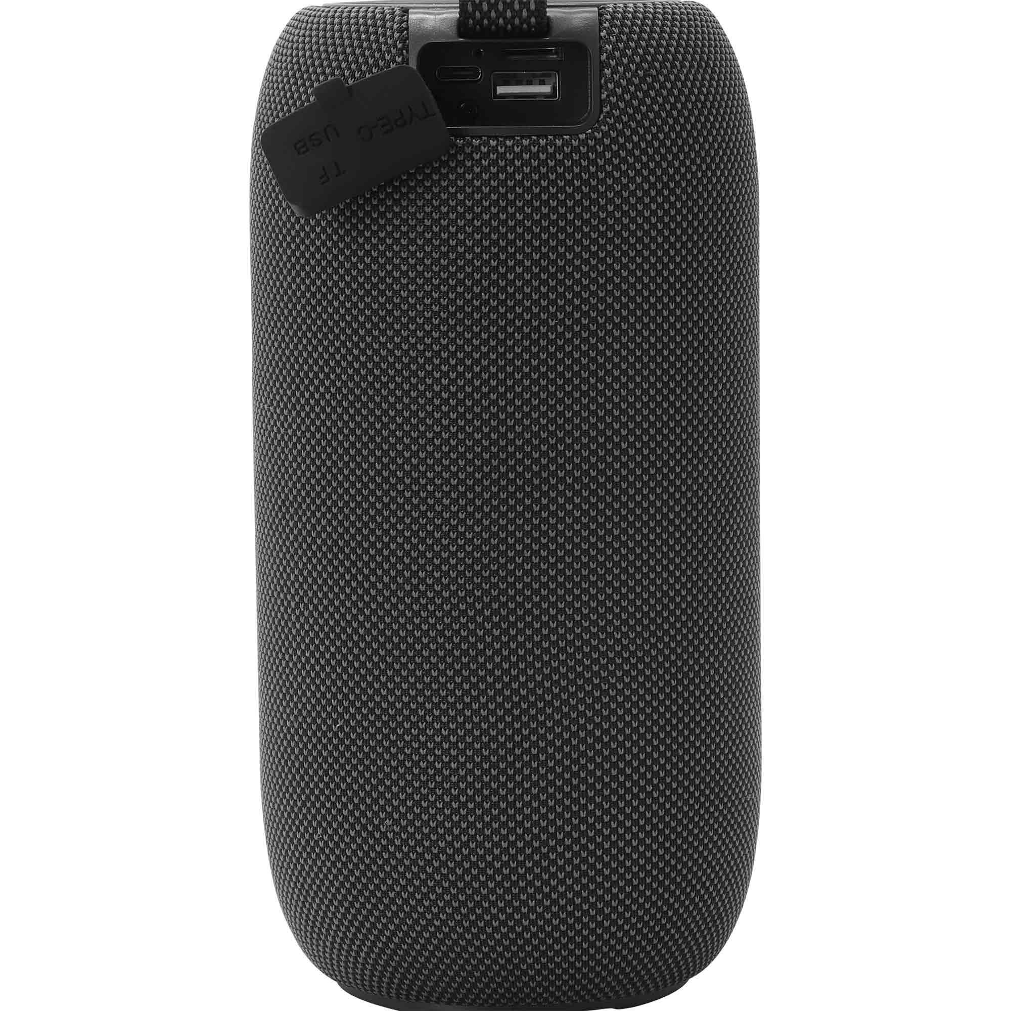Altoparlante nero con porte USB-C, USB-A e TF in alto.