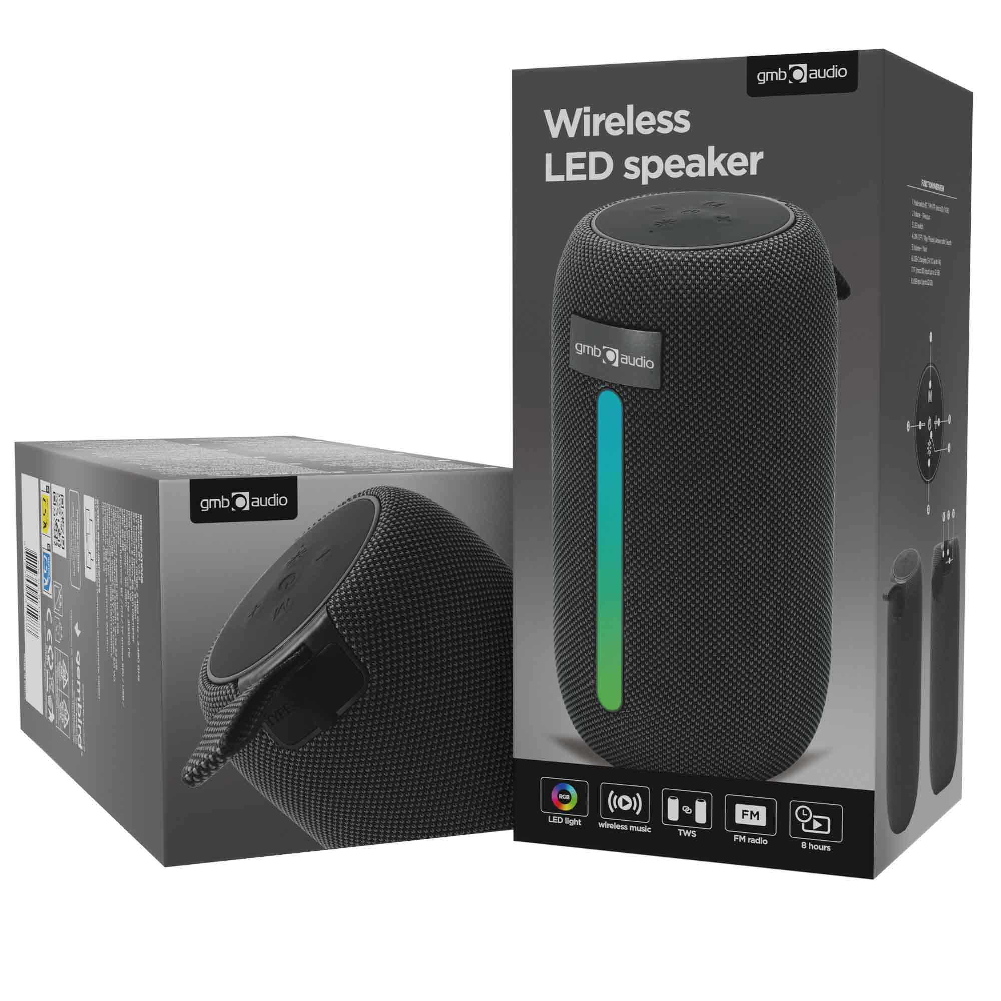 Altoparlante LED wireless nero nella sua scatola, mostra altoparlante e scatola.