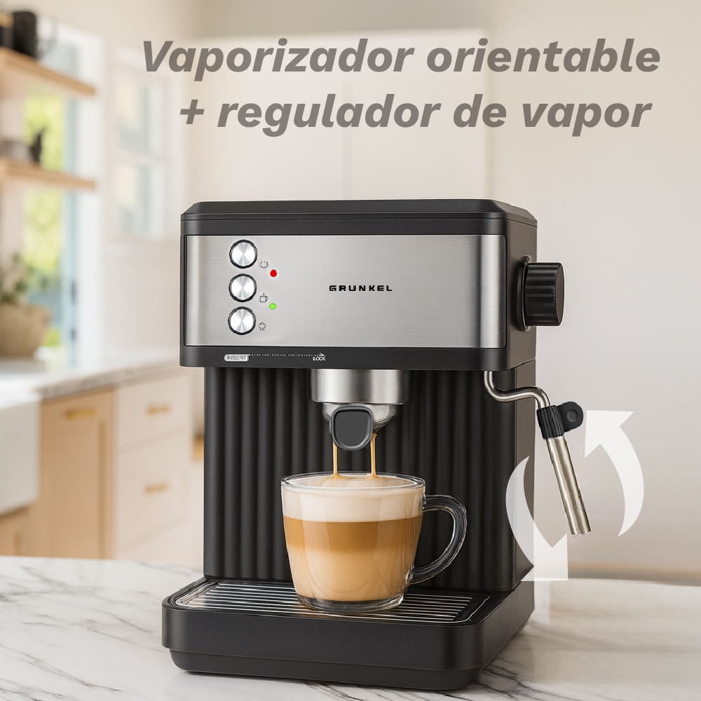 Una cafetera prepara café en una taza de vidrio. Una lanza de vapor está a la derecha.