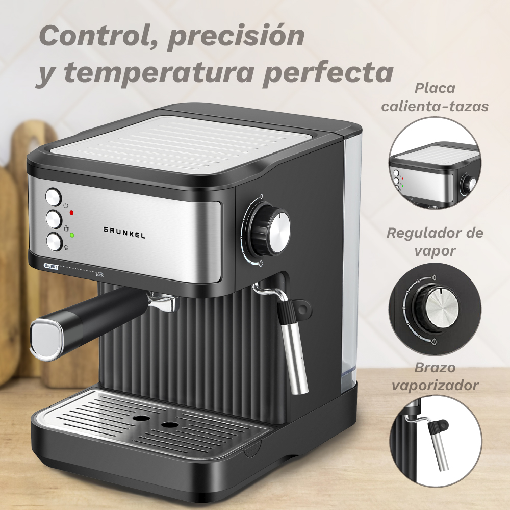 Una cafetera negra y plateada con controles y lanza de vapor.