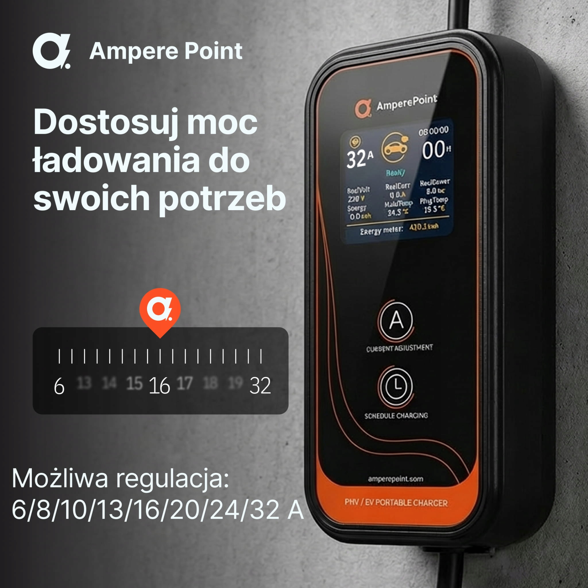 Przenośna ładowarka EV Ampere Point z cyfrowym wyświetlaczem i opcjami regulacji.