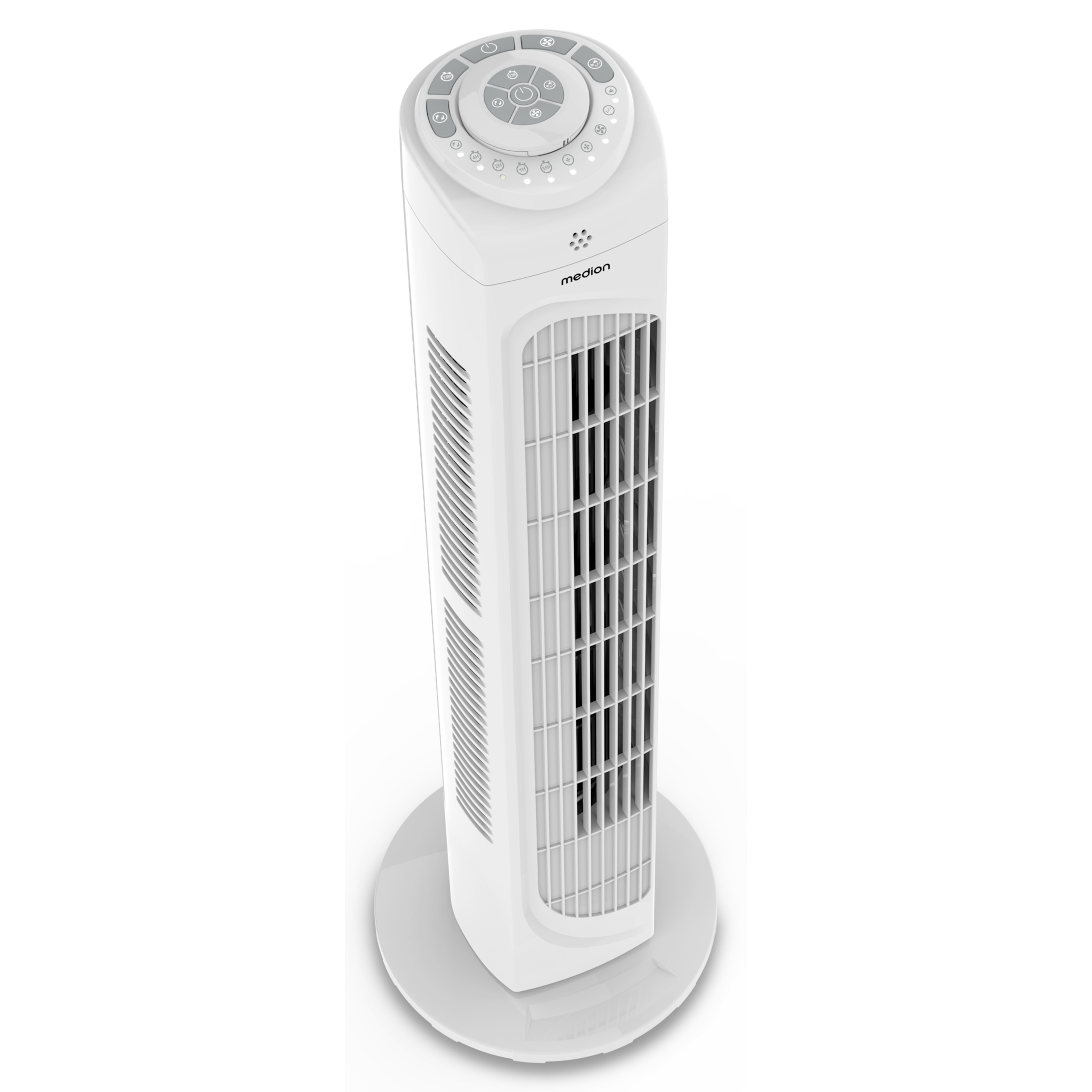 Ein weißer Turmventilator mit Bedienfeld und Lüftungsschlitzen.
