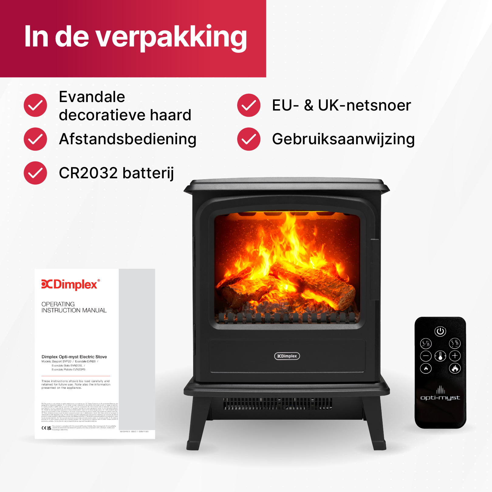 A black Dimplex electric stove with remote control and instruction manual.