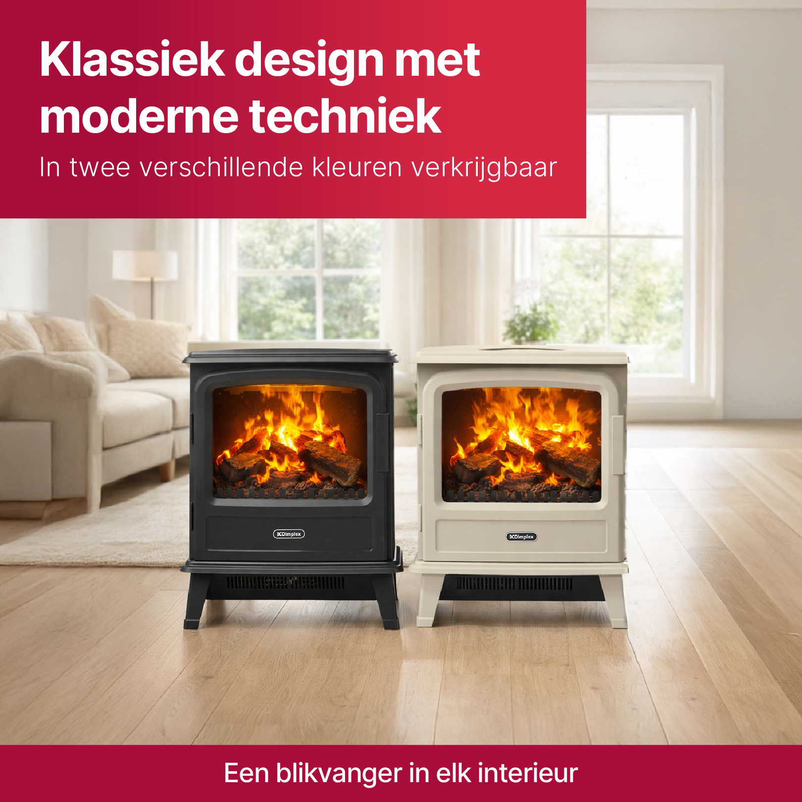 Two Dimplex electric stoves, black and cream, with flame effect.