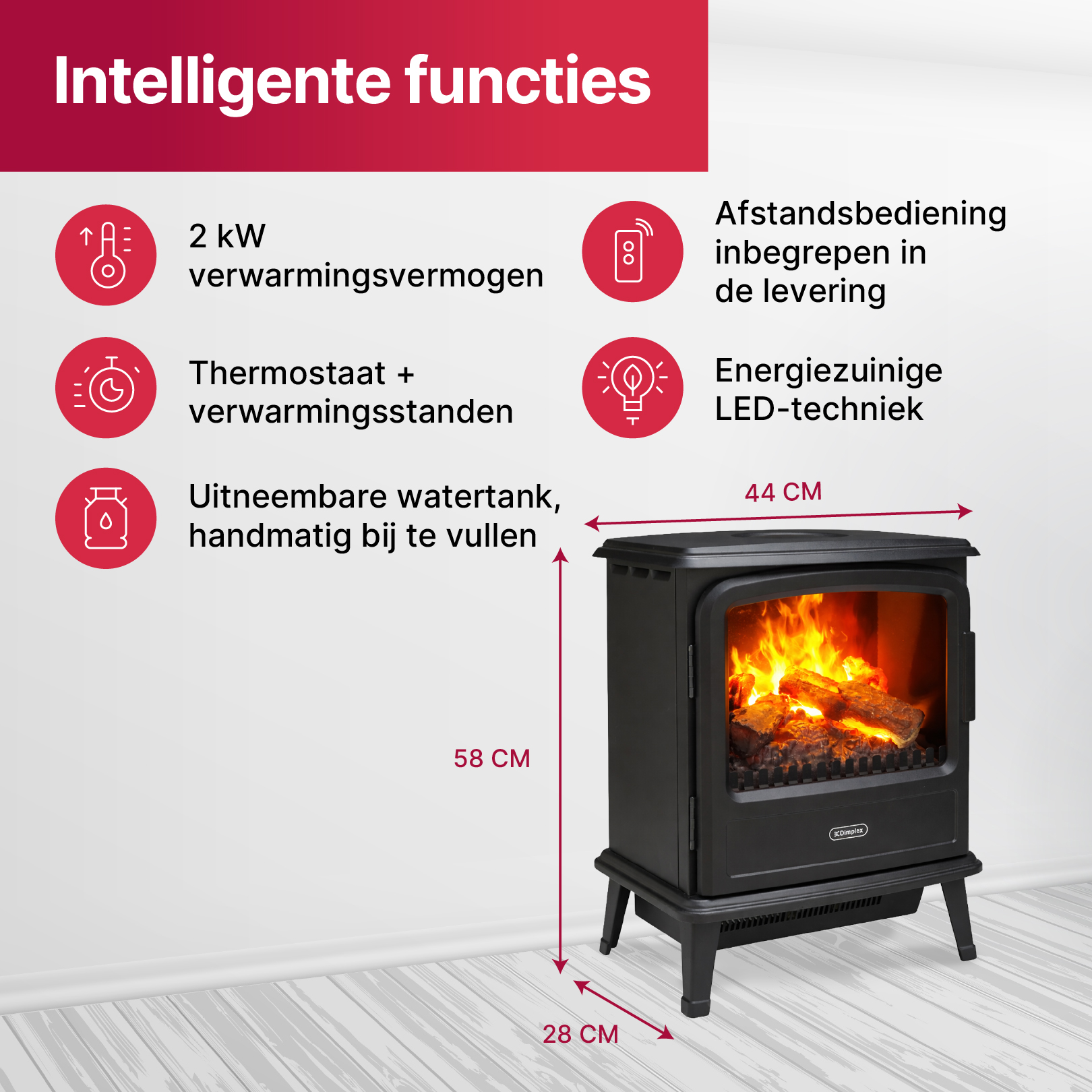 Black electric fireplace with flame effect, dimensions 58x44x28 cm.