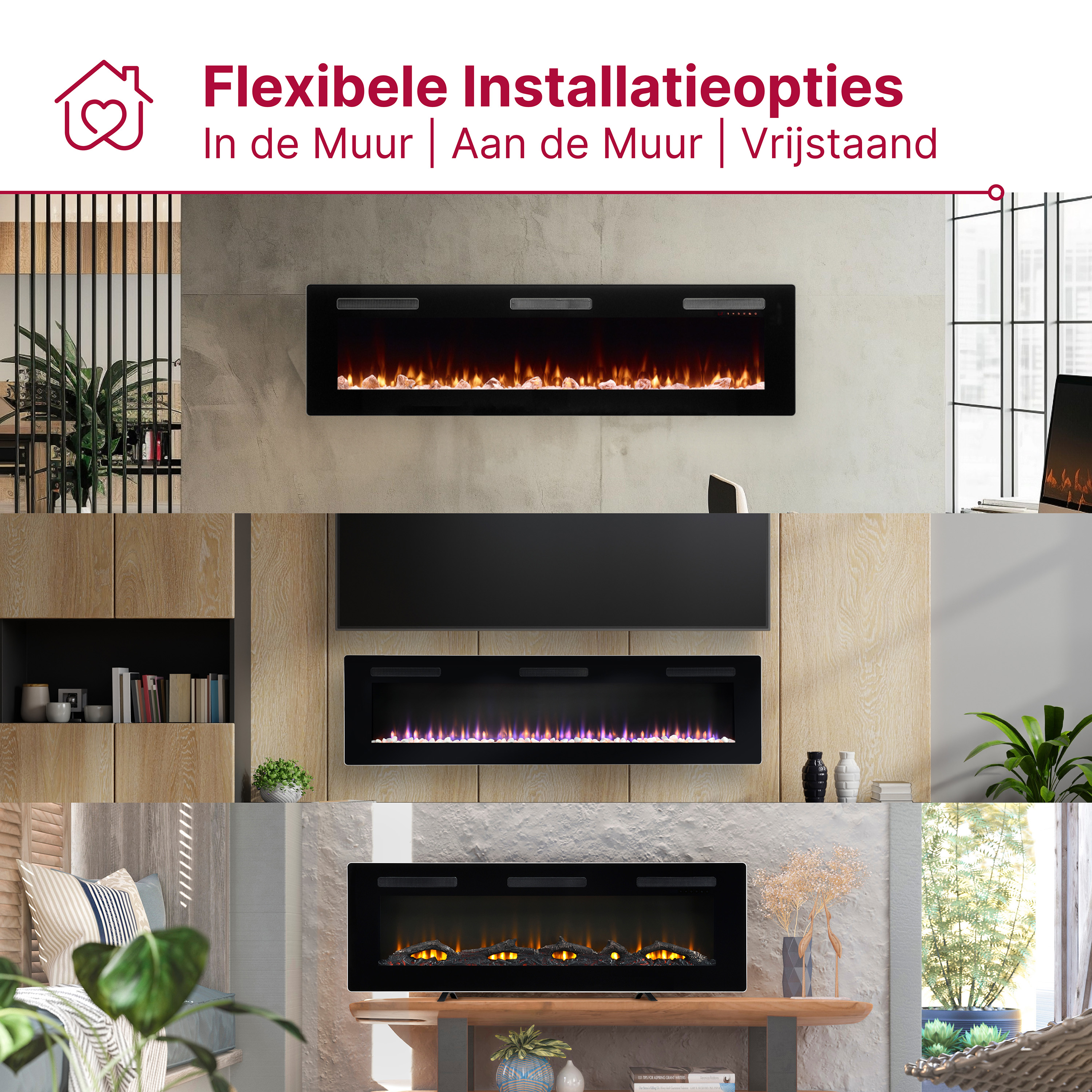 Moderne elektrische haarden in diverse settings: wandmontage en vrijstaand.