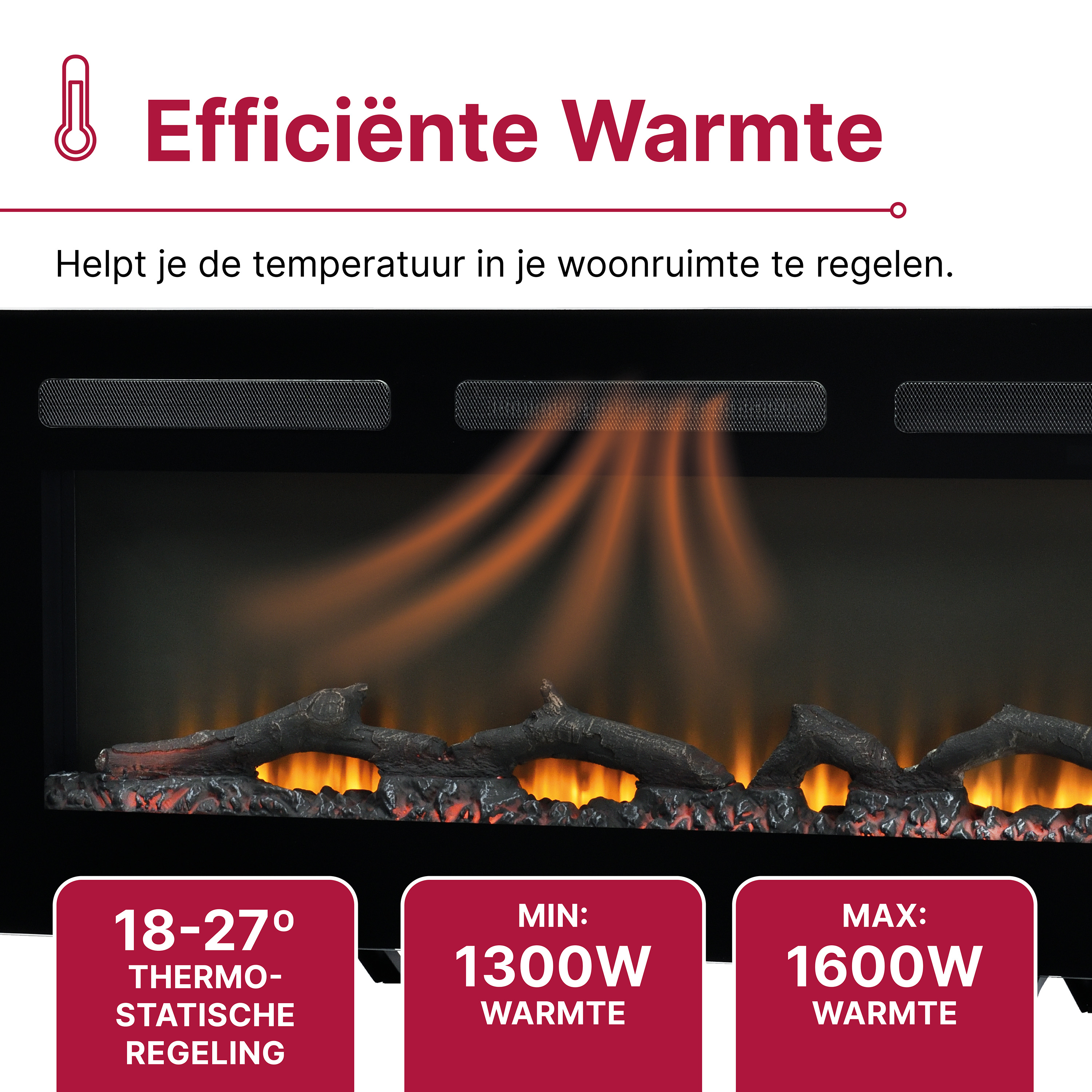 Efficiënte Warmte: Thermostatische regeling 18-27°, 1300W/1600W.