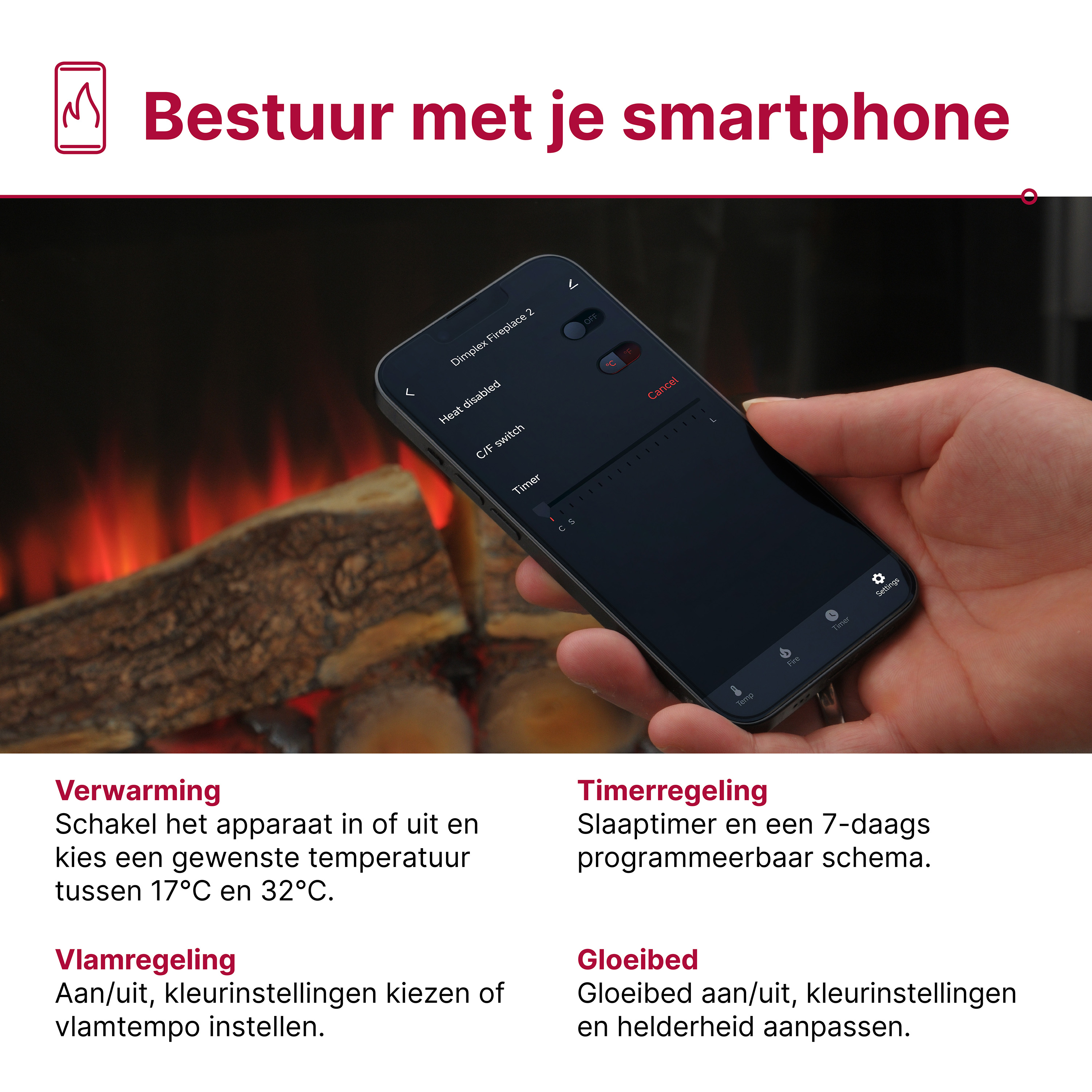 Smartphone bedient haard met vlammen en instellingen op scherm.