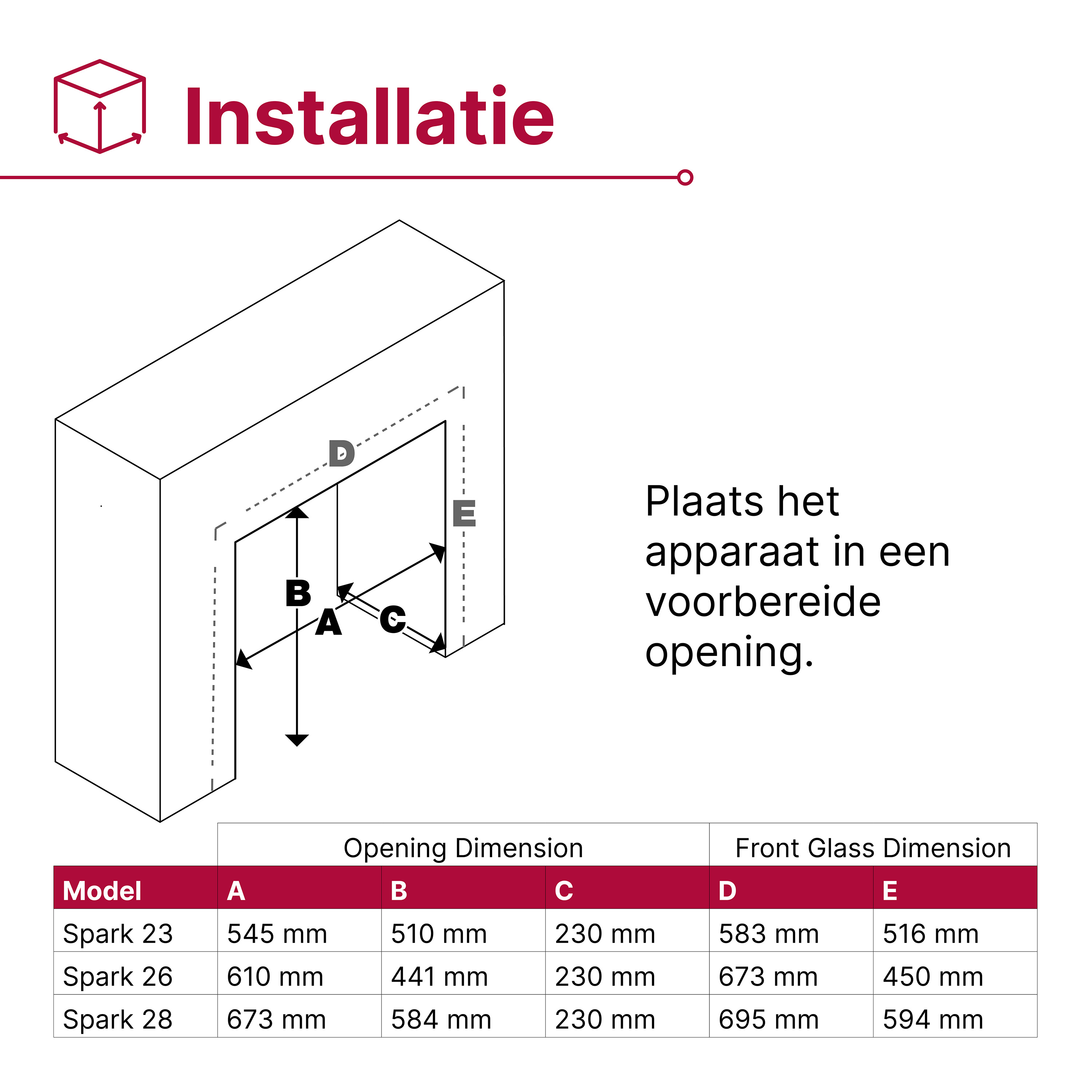 Installatietekening met afmetingen voor Spark 23, 26, 28 modellen.