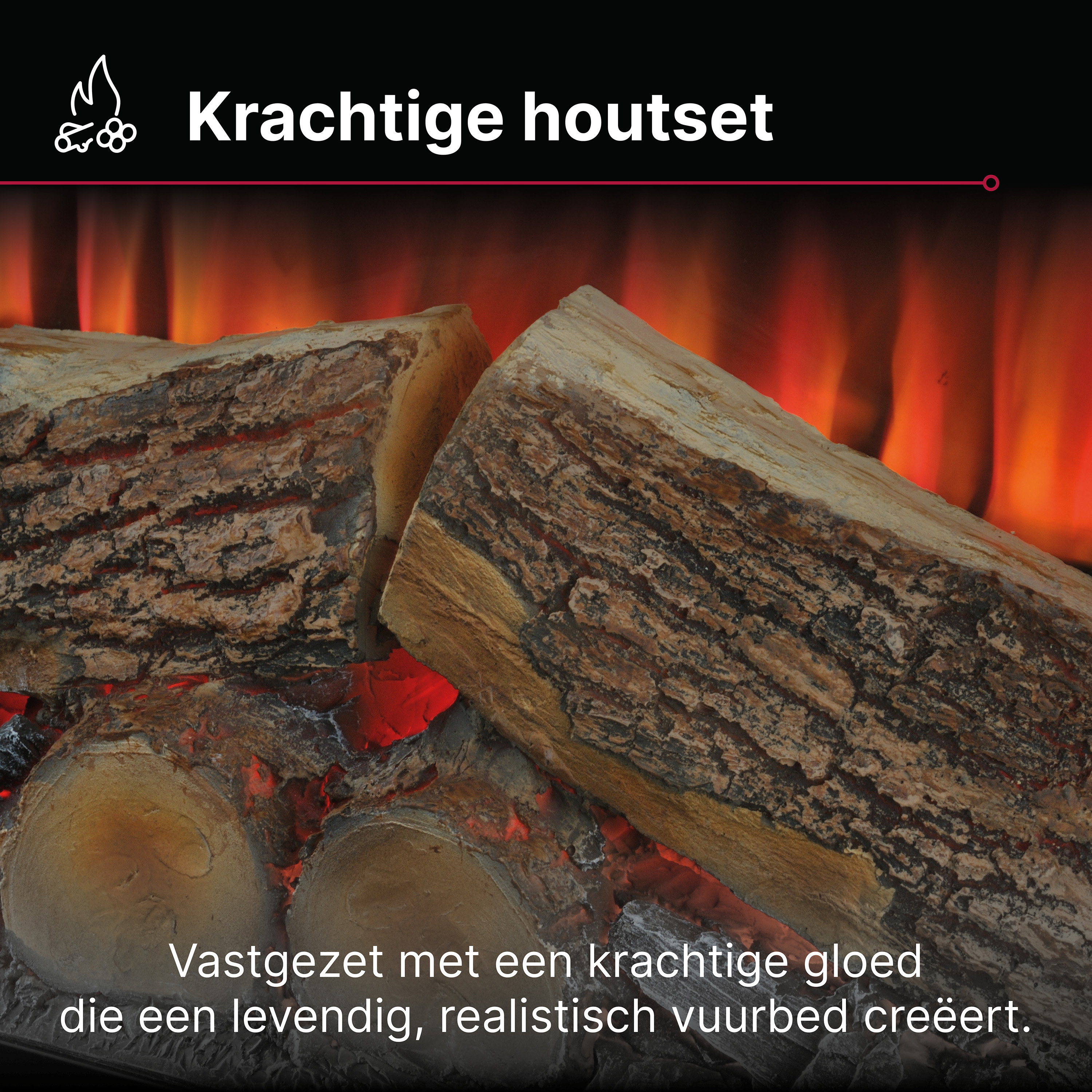 Boomstammen met rode gloeiende sintels die een levendig, realistisch vuurbed creëren.