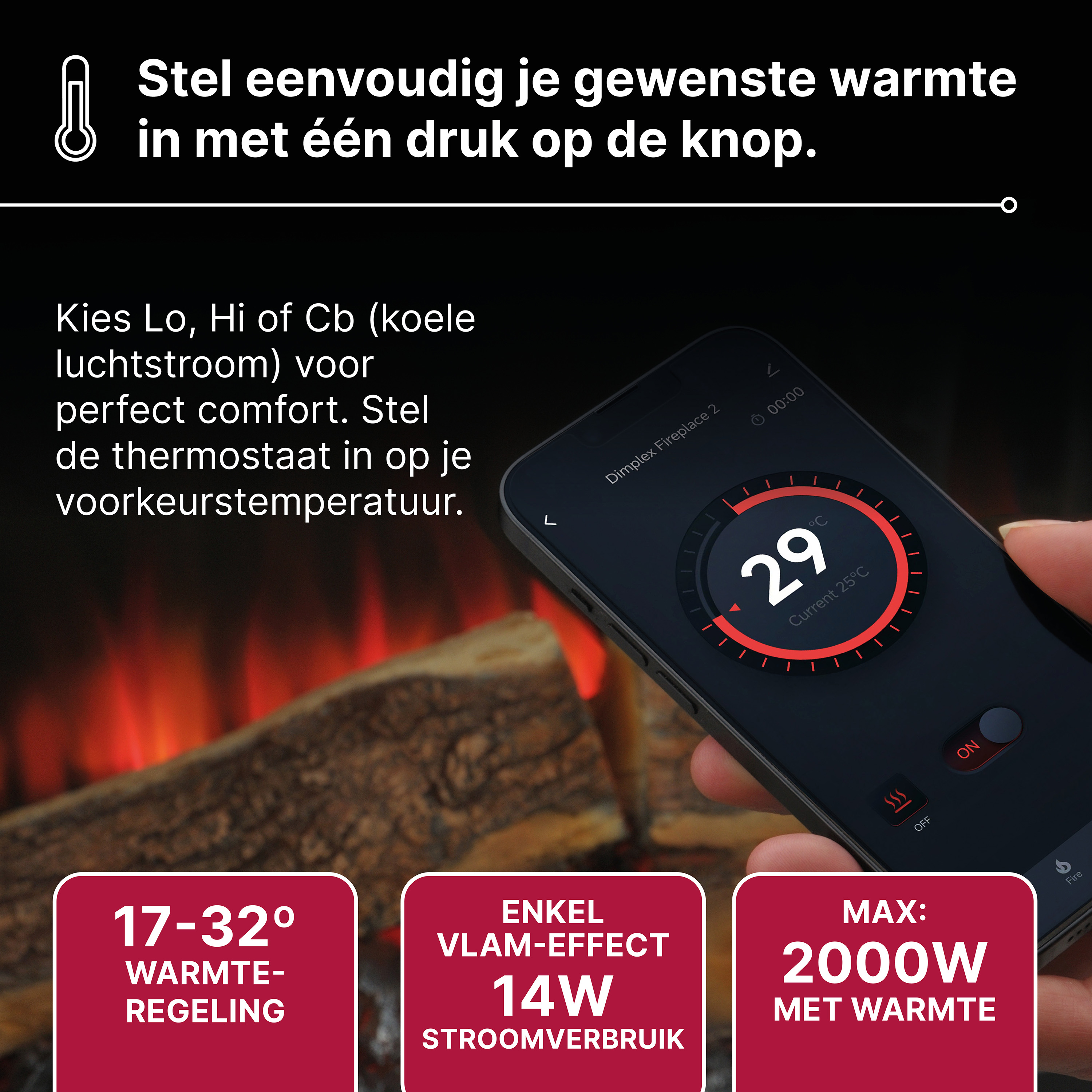 Een smartphone bedient een haard met 29°C en vlam-effect.