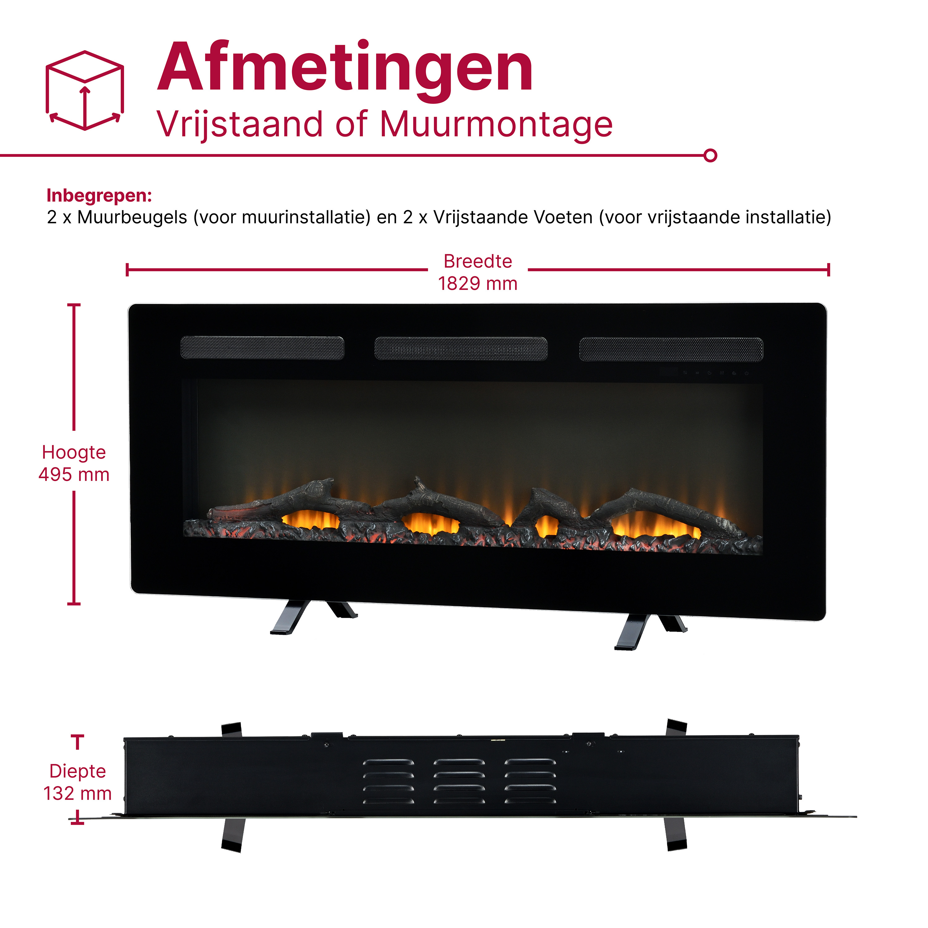 Zwarte haard met vlammen. Afmetingen: 1829mm breed, 495mm hoog, 132mm diep.