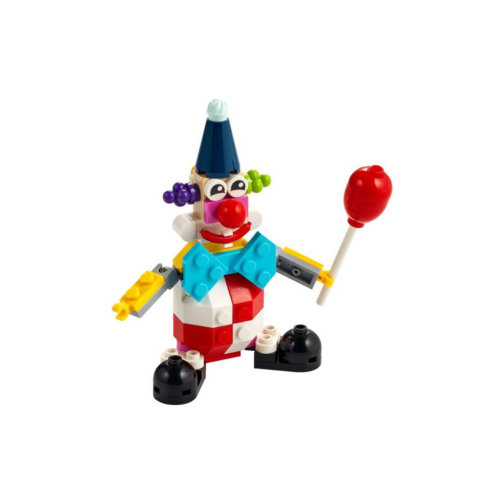 Mavi şapkalı ve kırmızı balonlu renkli bir Lego palyaçosu.