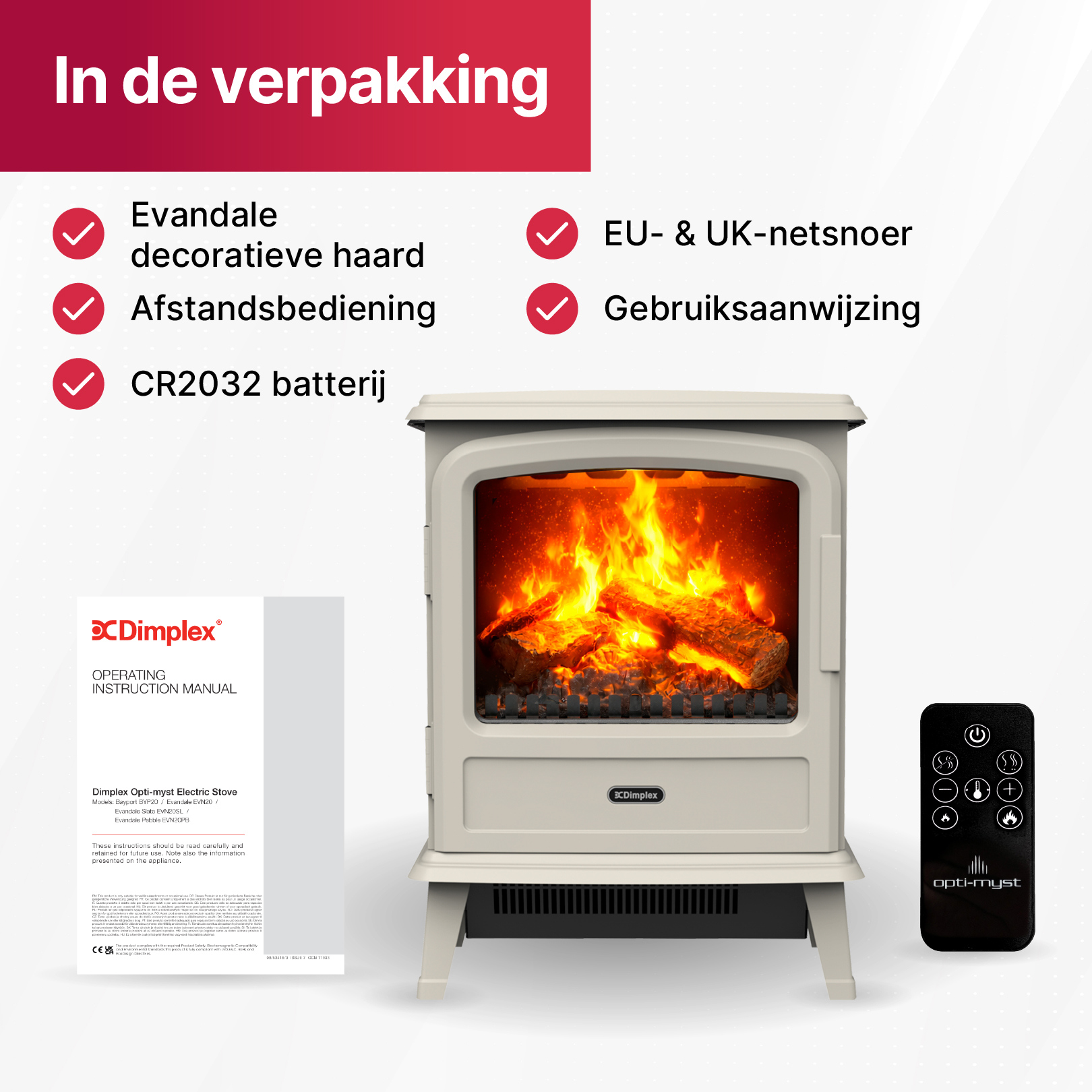 A beige electric stove with flames, manual, and remote control. In packaging.