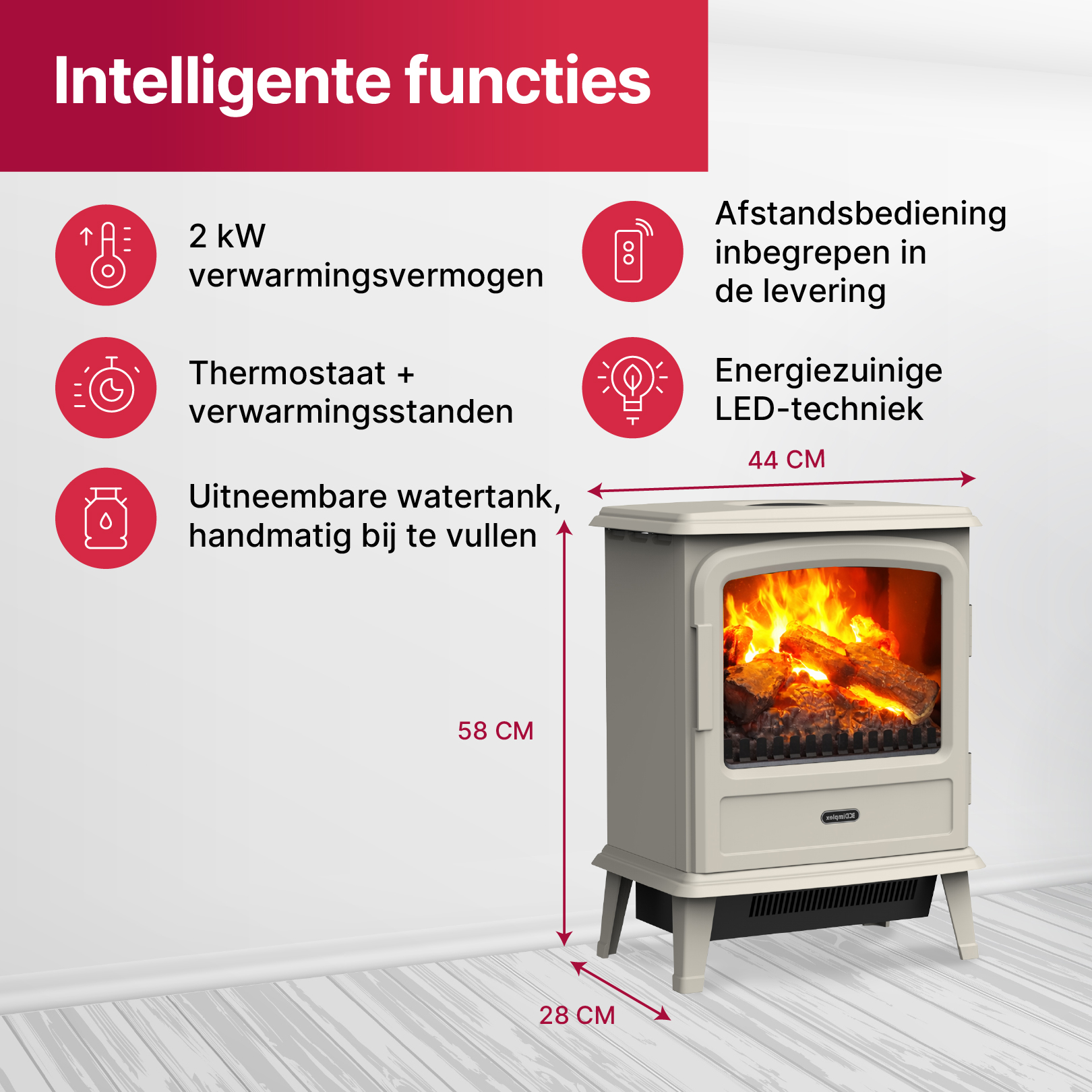 A beige fireplace with flame effect. Dimensions: 58cm H x 44cm W. Features: 2kW heat, thermostat, remote.