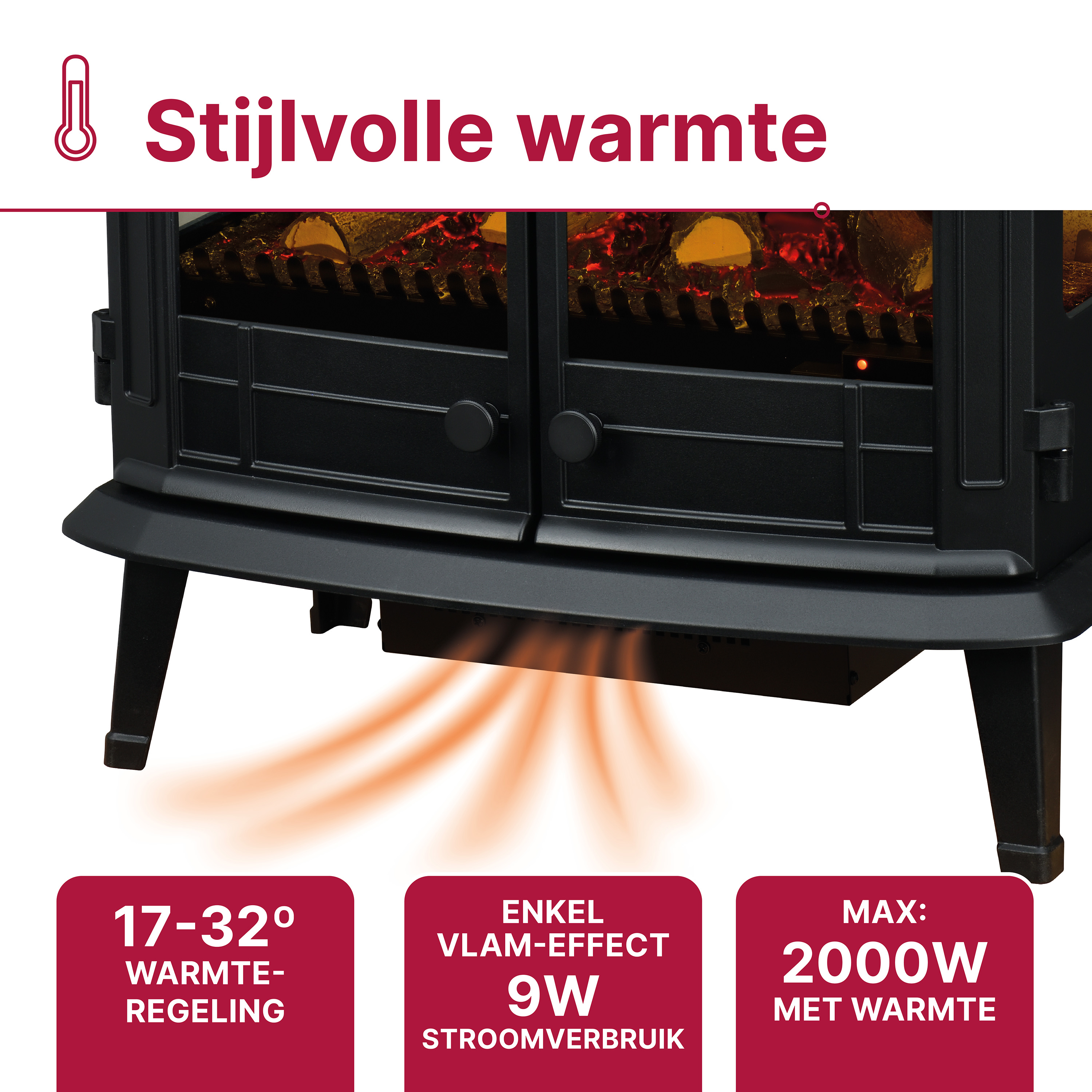 Stijlvolle warmte met instelbare temperatuur en 2000W vermogen.