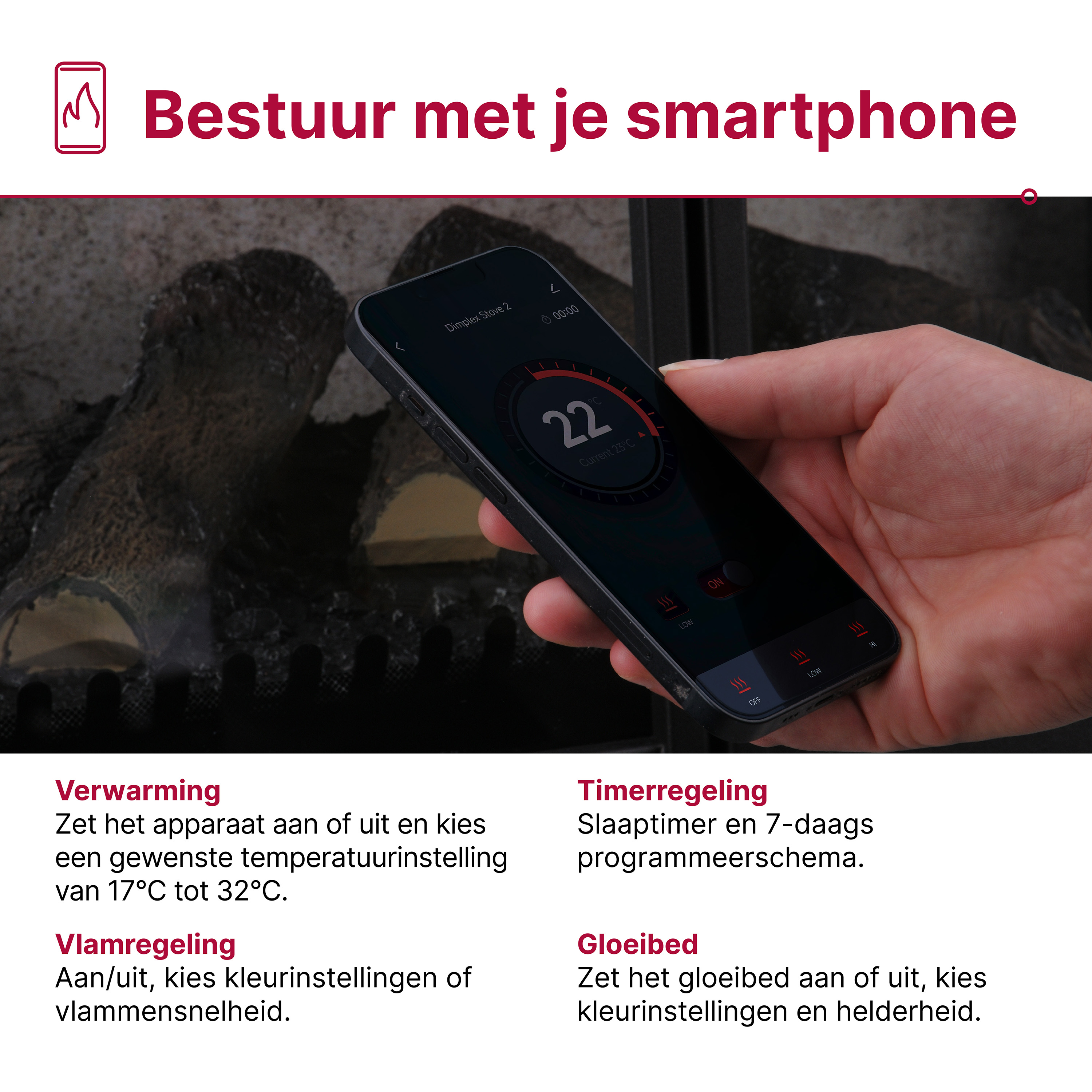 Persoon houdt smartphone met verwarmingsapp bij open haard.