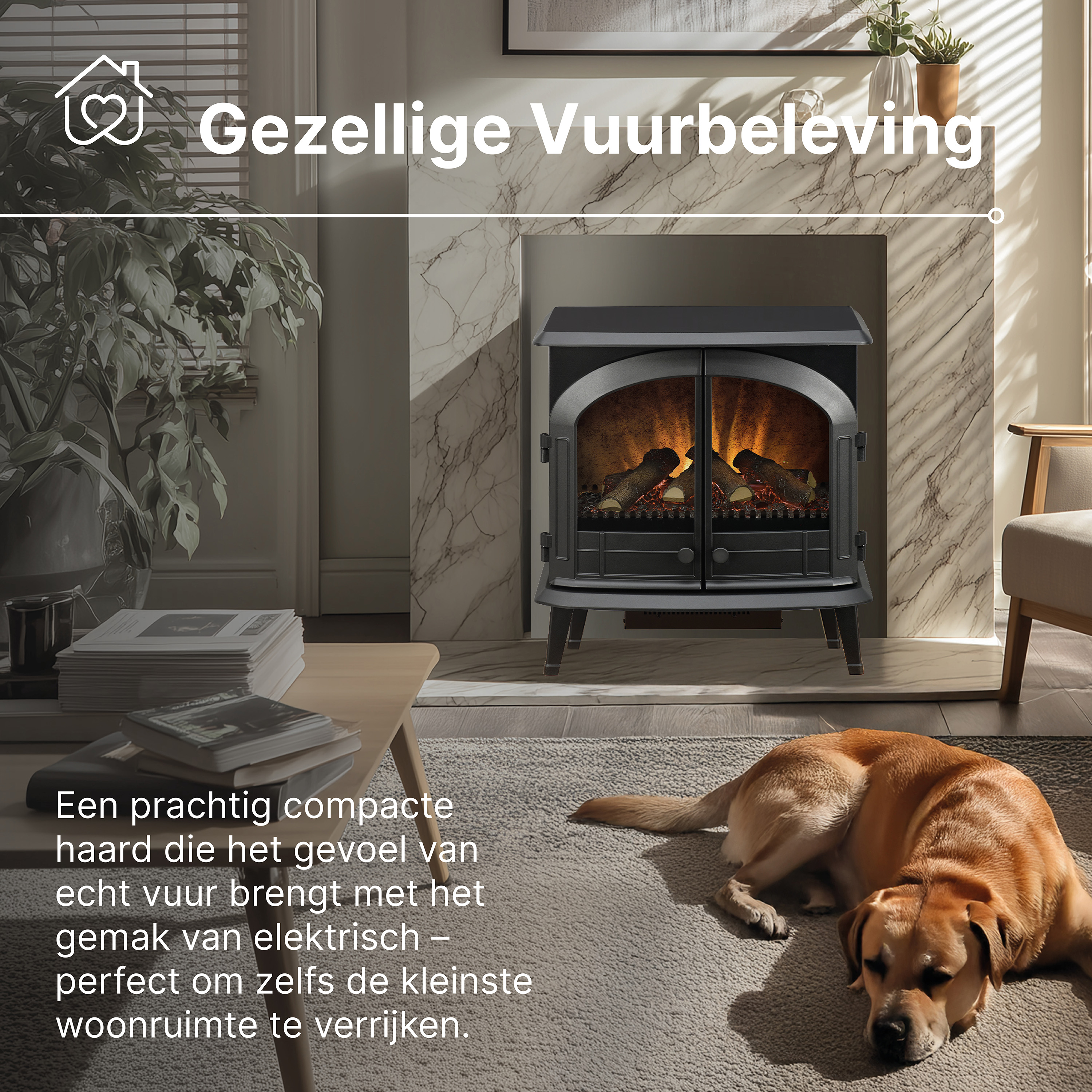 Een hond ligt op een kleed voor een elektrische haard. Gezellige sfeer.