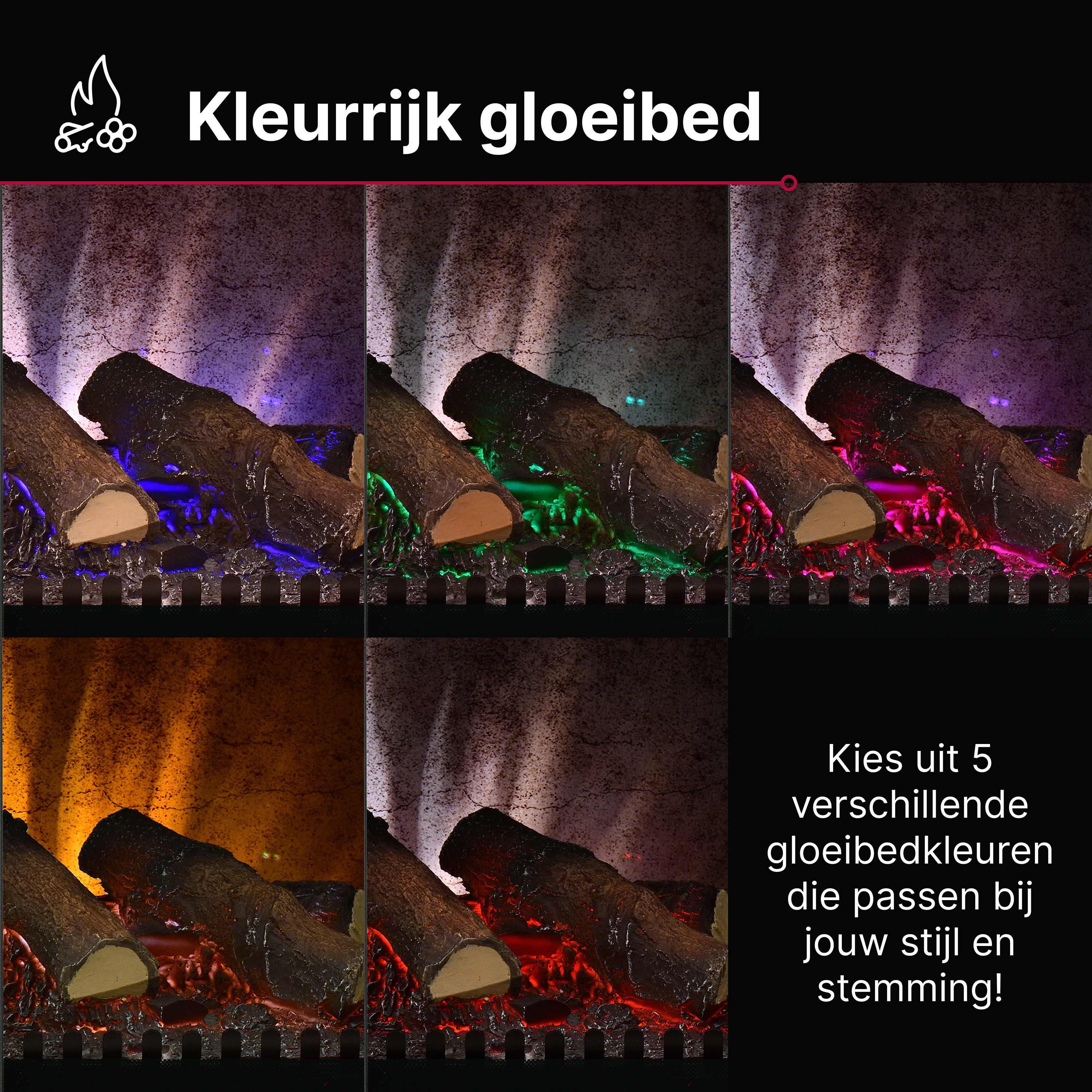 Kleurrijk gloeibed met houtblokken in diverse kleuren.