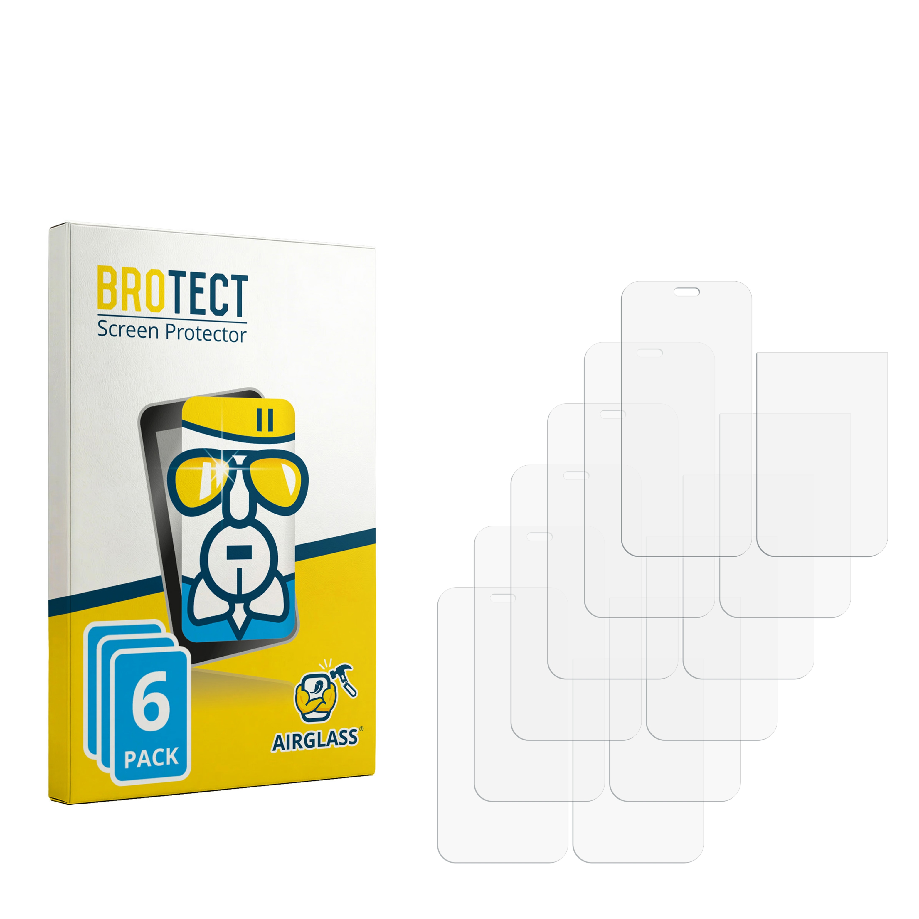 Verpackung für BROTECT Displayschutzfolien mit 6 Stück und einzelnen Schutzfolien daneben.