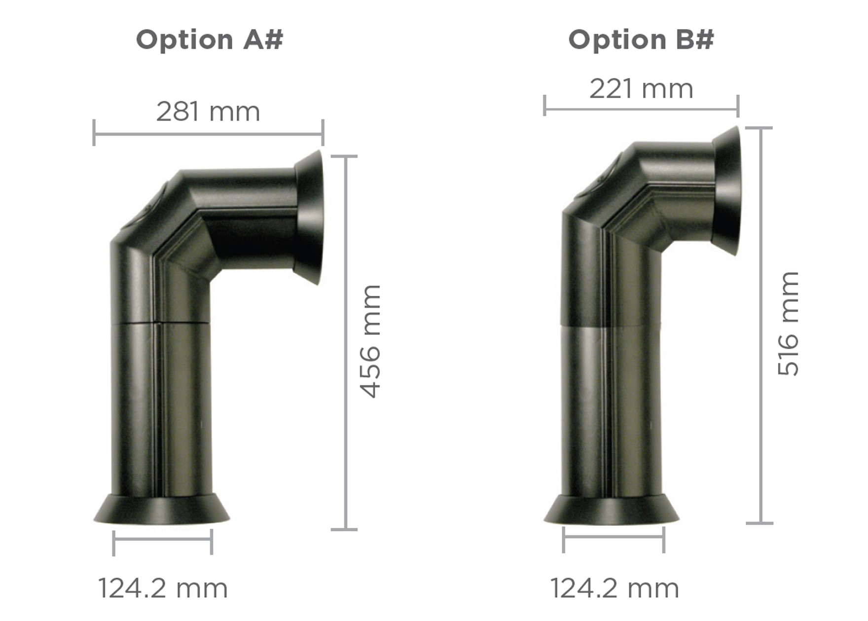 Optie A: 281x456mm, Optie B: 221x516mm. Beide 124.2mm breed.