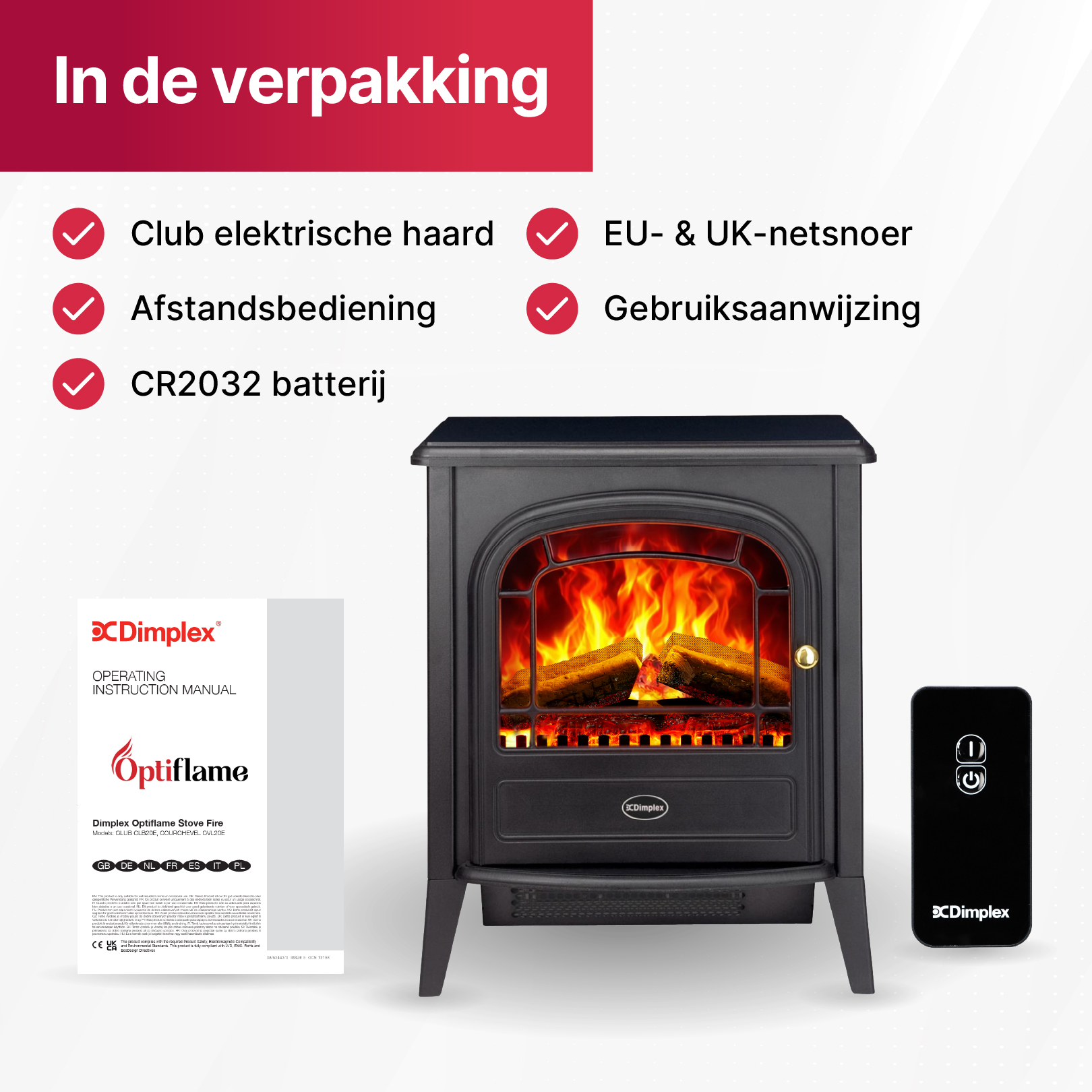 Een zwarte Dimplex elektrische haard met afstandsbediening en handleiding.