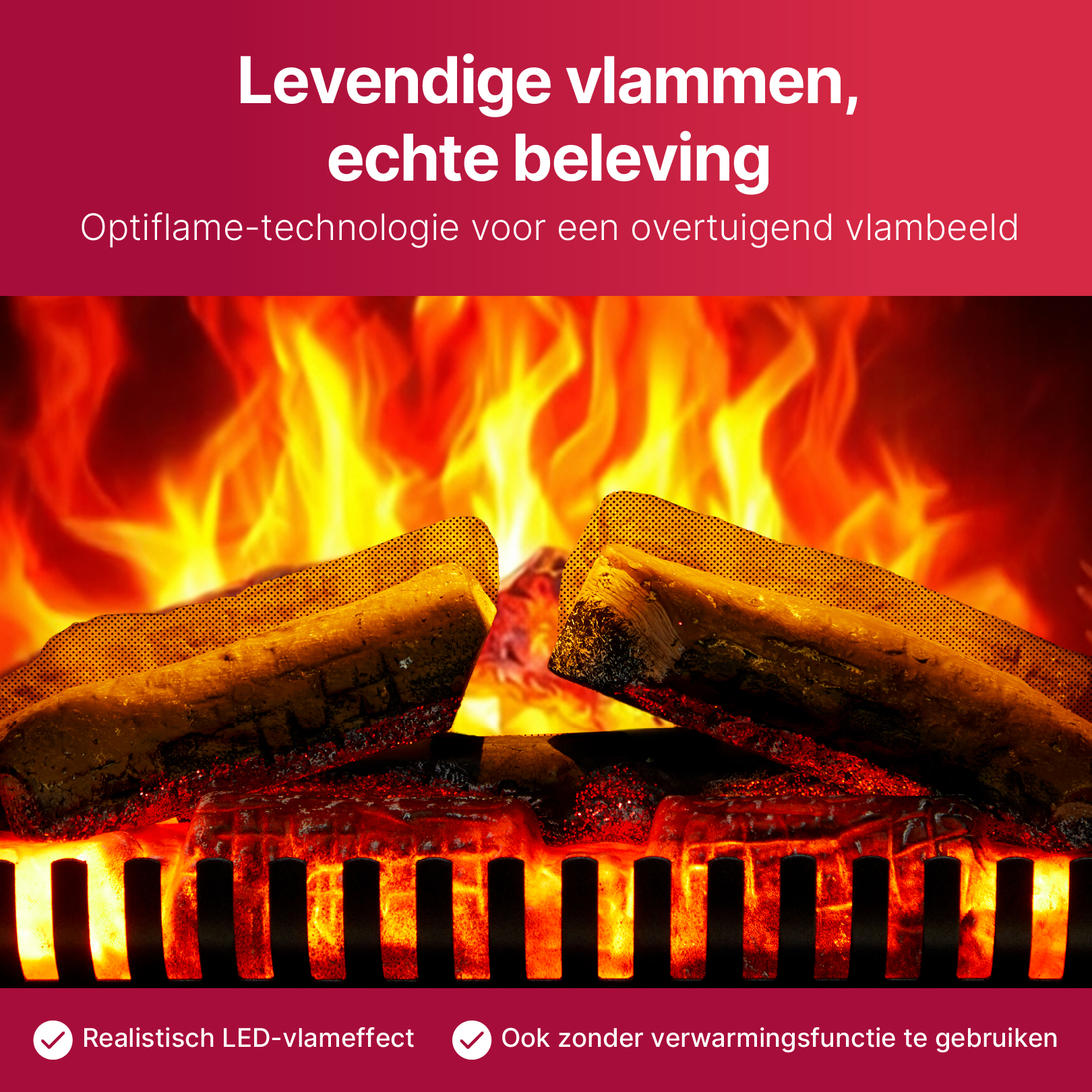 Vlammen boven houtblokken in een haard met tekst over Optiflame-technologie.