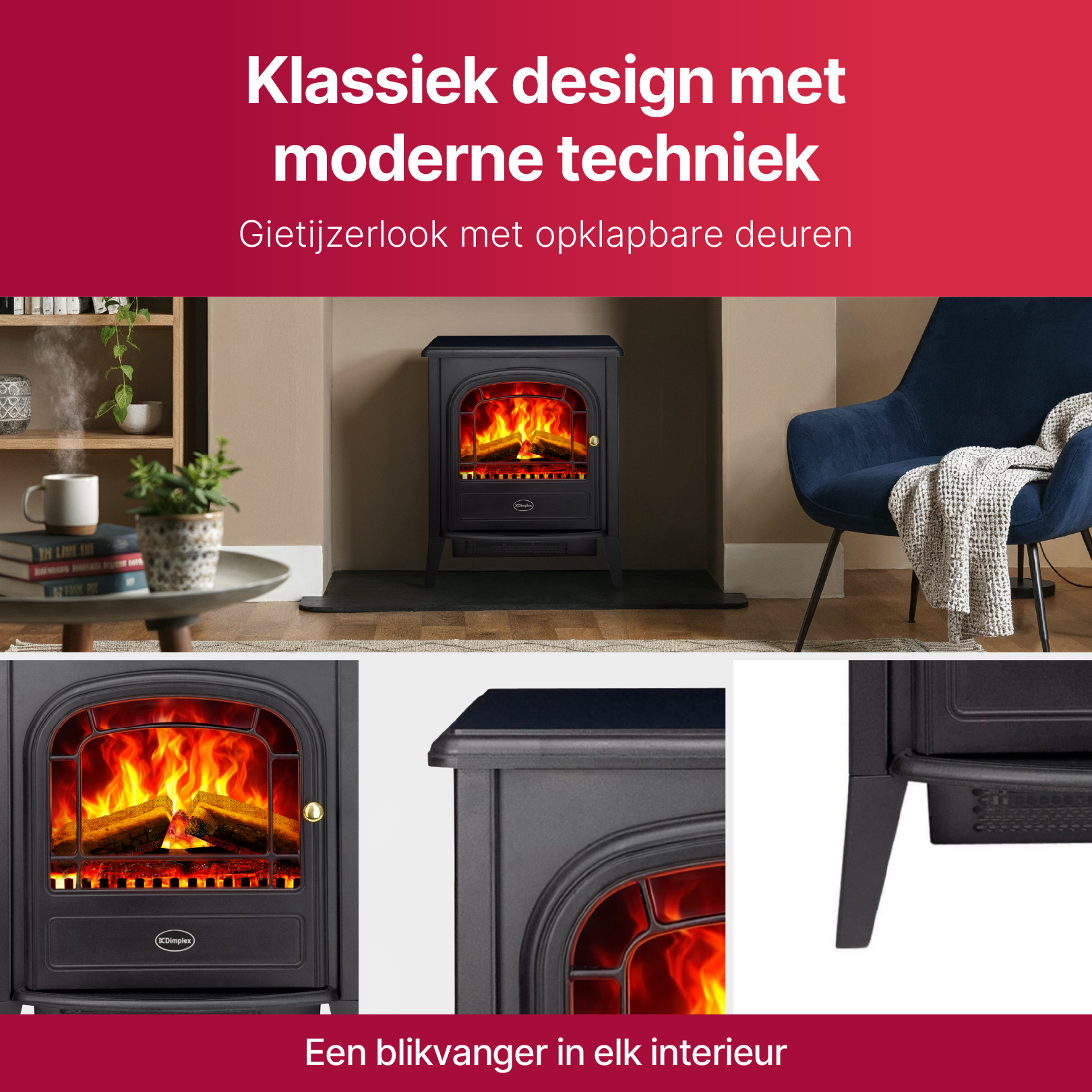 Zwarte kachel met vlammen, naast een stoel en een plank.
