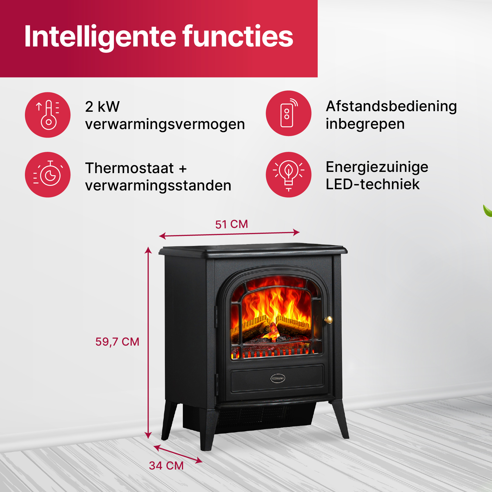 Zwarte kachel met vlammen. Afmetingen 59,7x51x34 cm. Intelligente functies.
