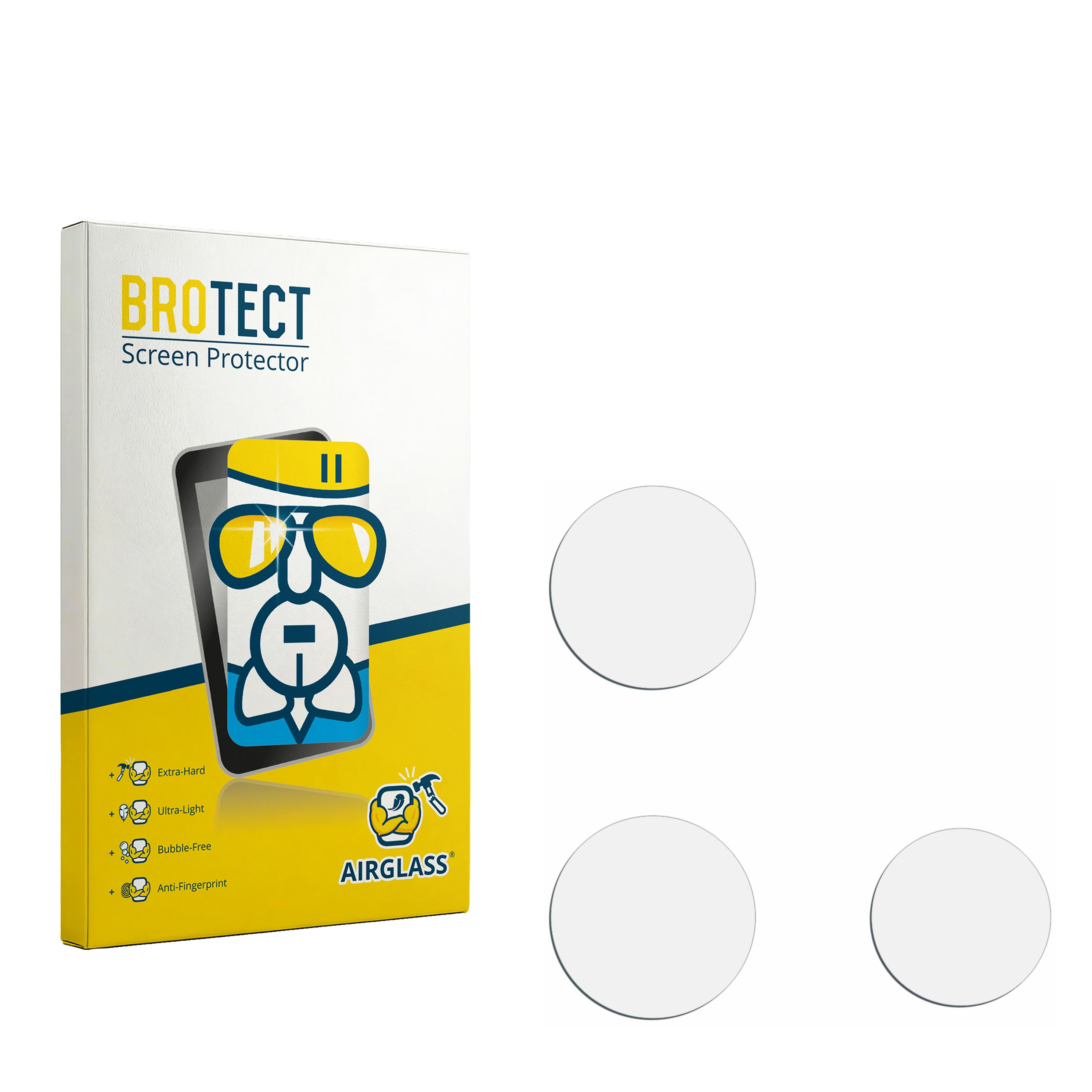 Verpackung für BROTECT Displayschutzfolie mit drei runden Schutzfolien daneben.