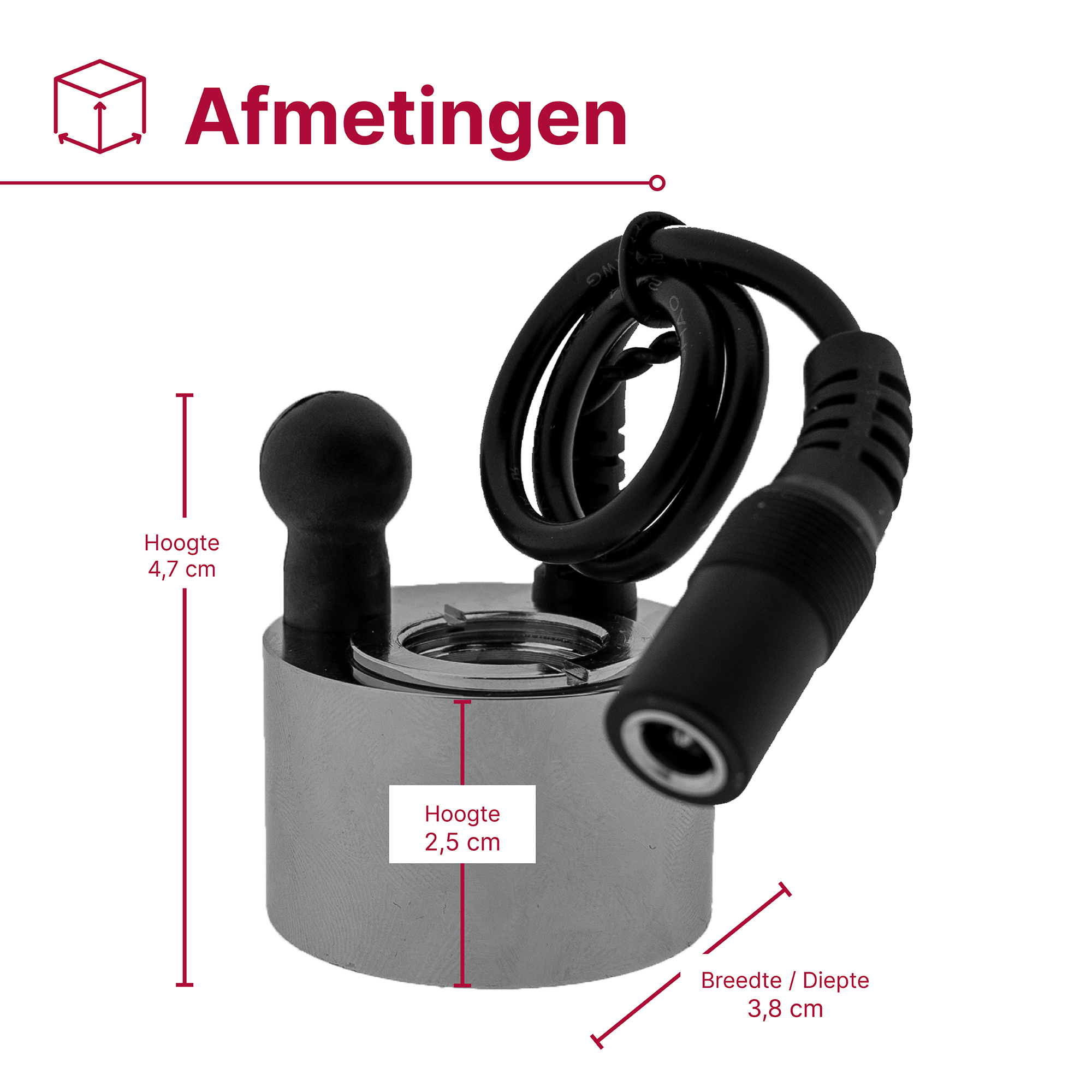 Zilveren ultrasone mister met zwart snoer en afmetingen.