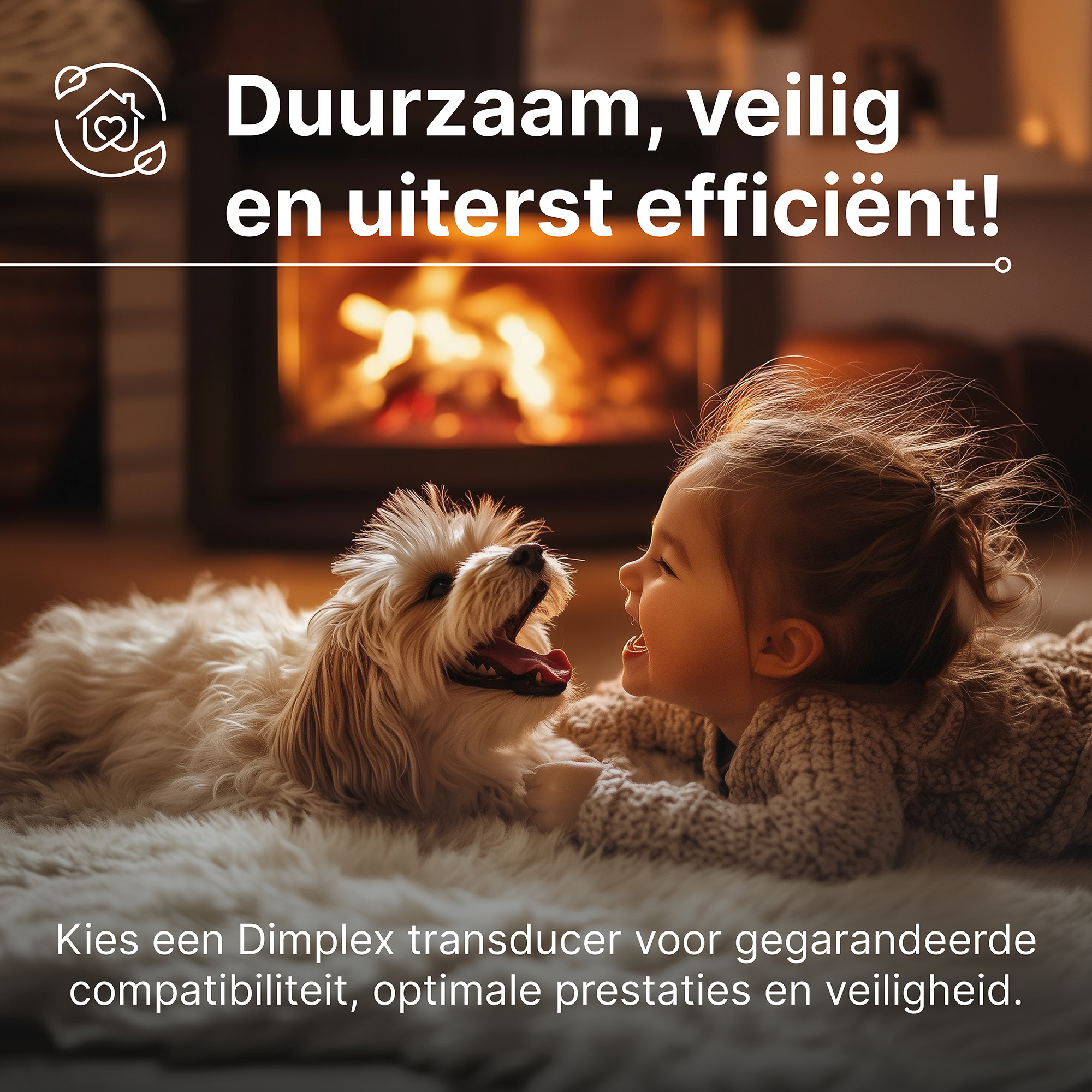 Een hond en een kind liggen op een kleed voor een open haard.