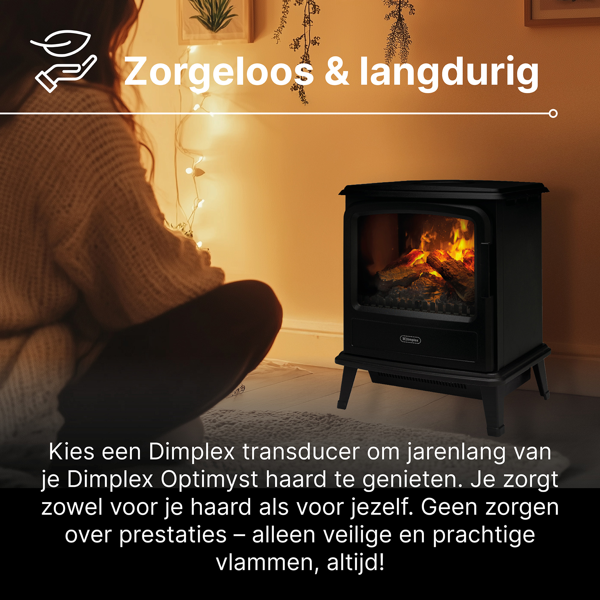 Vrouw zit voor haard met flakkerende vlammen. "Zorgeloos & langdurig".
