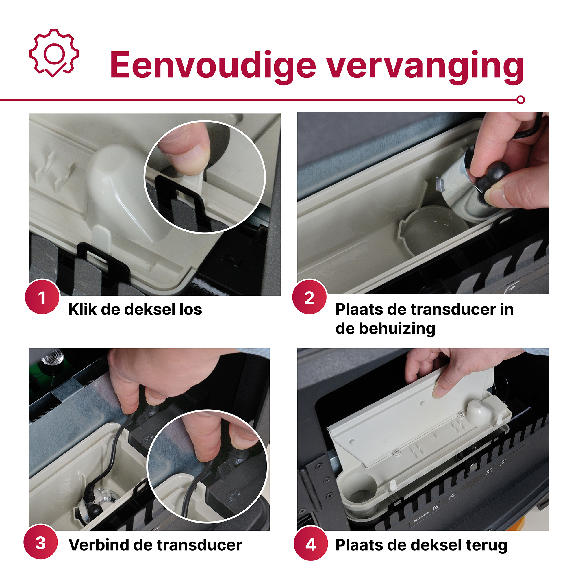Stapsgewijze handleiding: Deksel losmaken, transducer plaatsen, verbinden, deksel terugplaatsen.