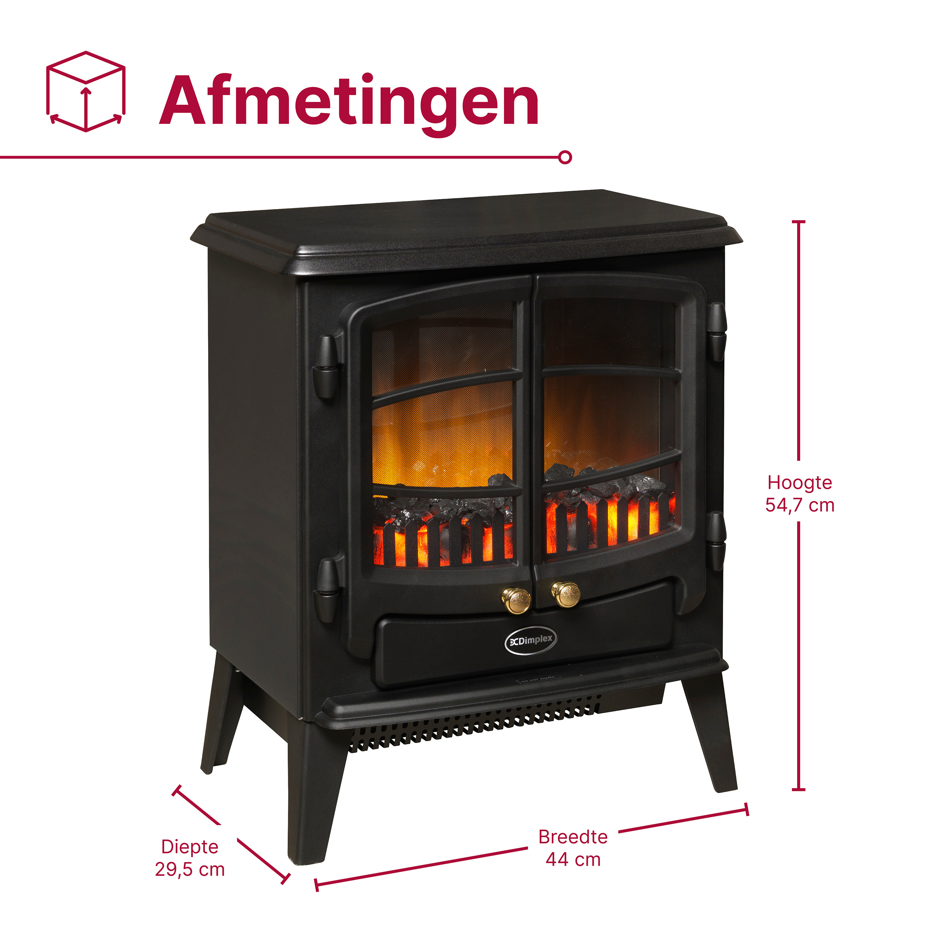 Zwarte kachel met gloeiende vlammen. Afmetingen: H 54,7 cm, B 44 cm, D 29,5 cm.