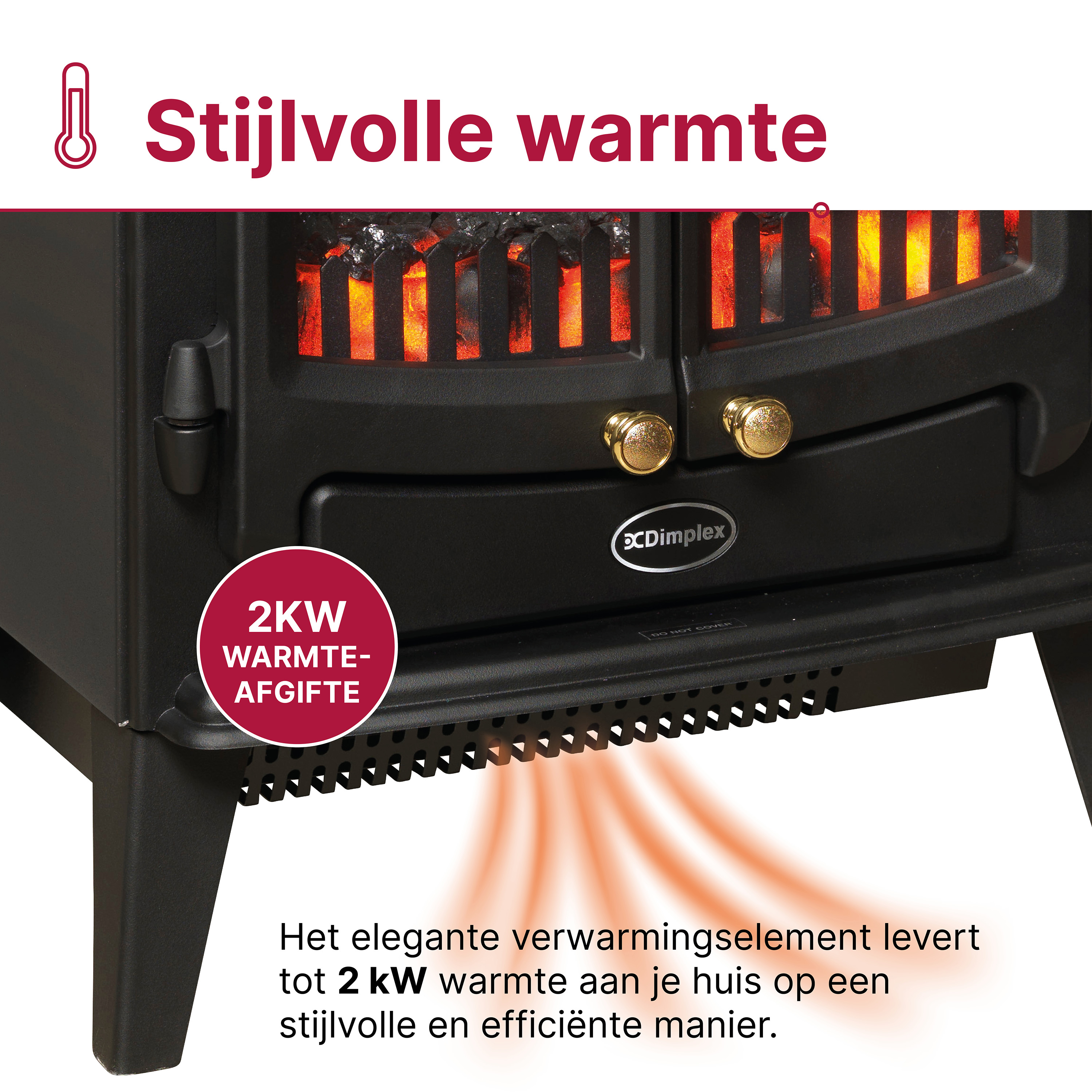 Een zwarte haard met gloeiende kolen en de tekst „Stijlvolle warmte“.