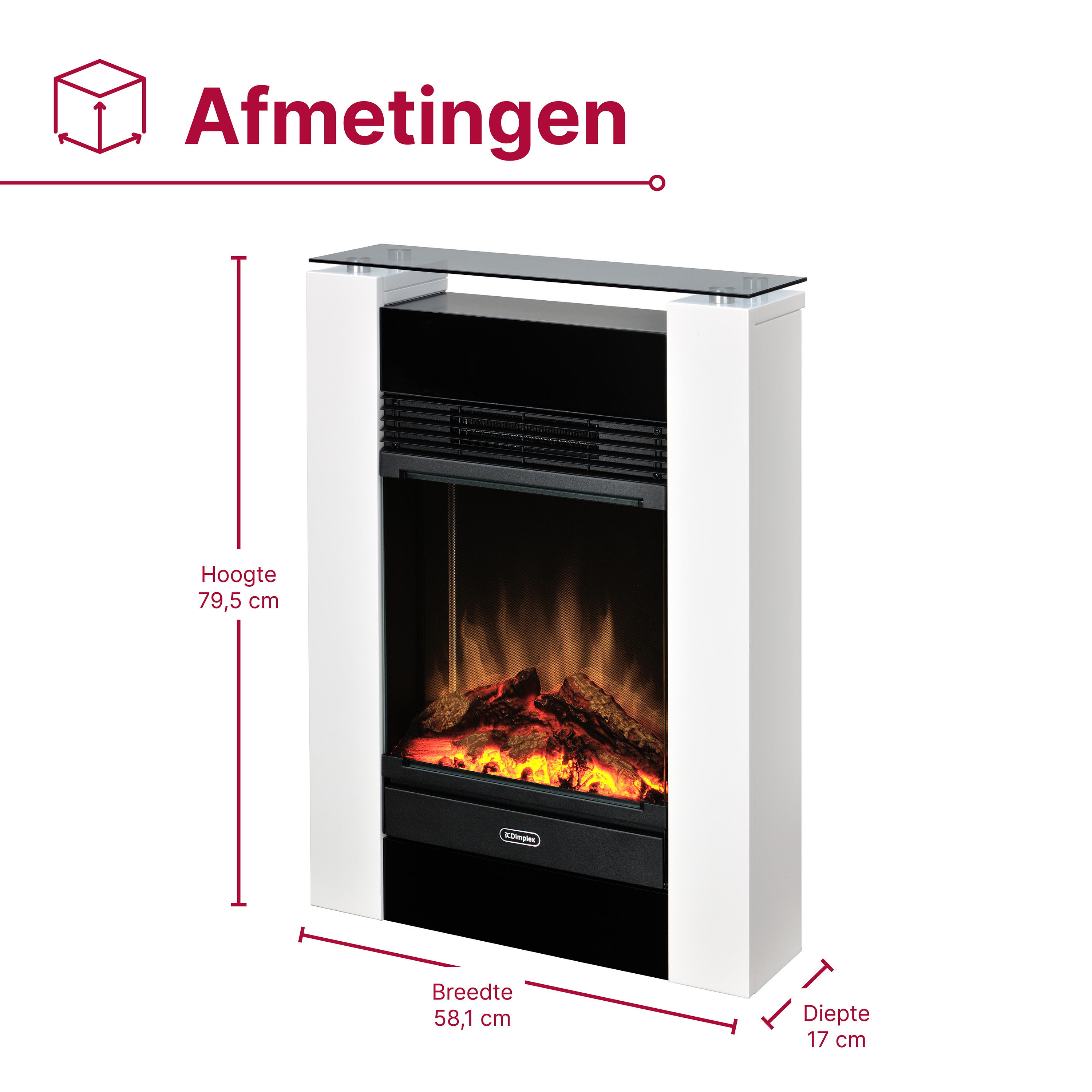 Witte open haard met glazen blad en vlammen-effect. Afm: H 79,5, B 58,1, D 17 cm.