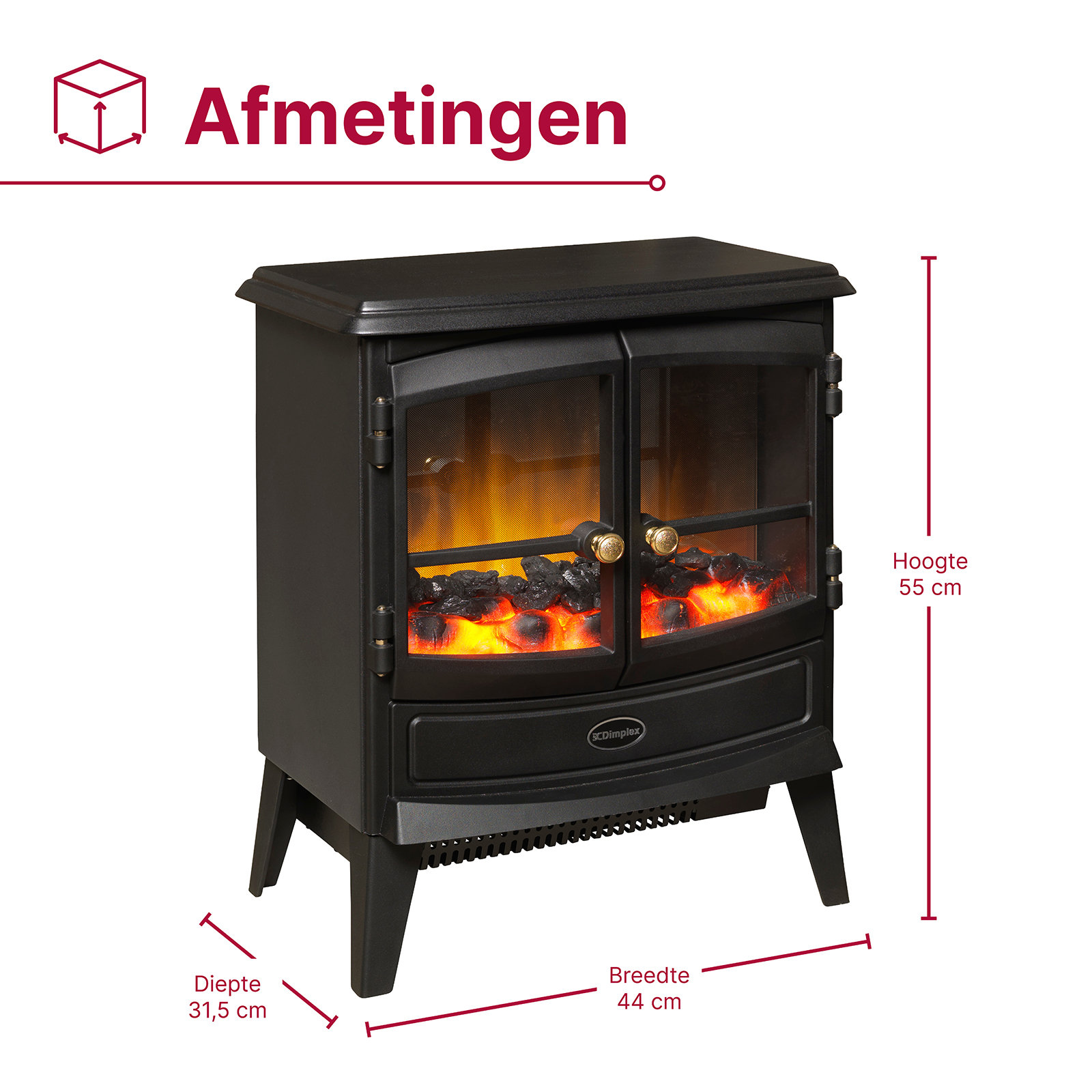 Black fireplace with glass doors, glowing embers, and dimensions shown.