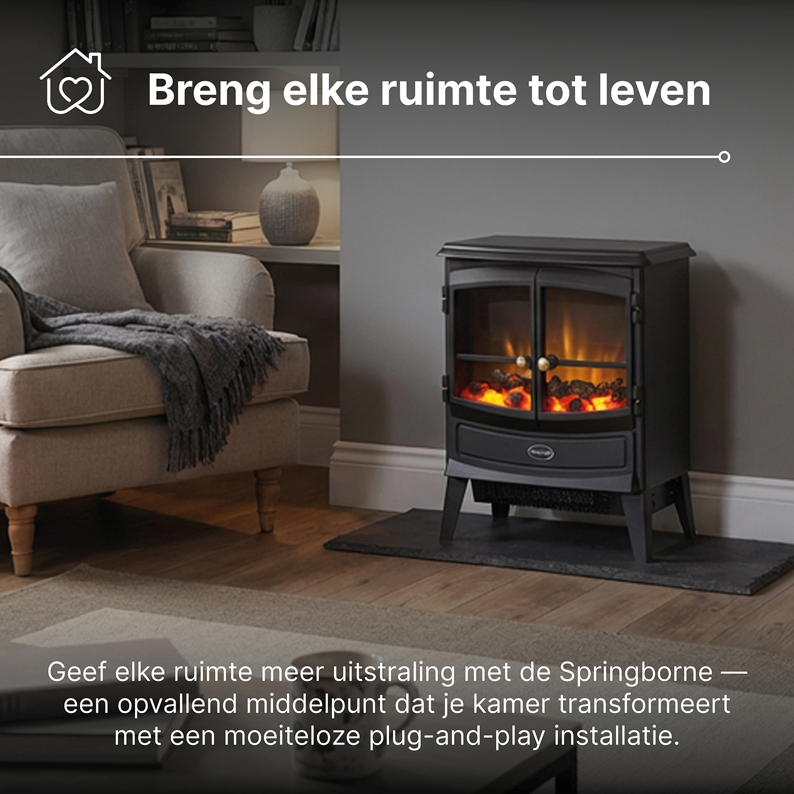 A fireplace with an armchair and a coffee table in a living room.