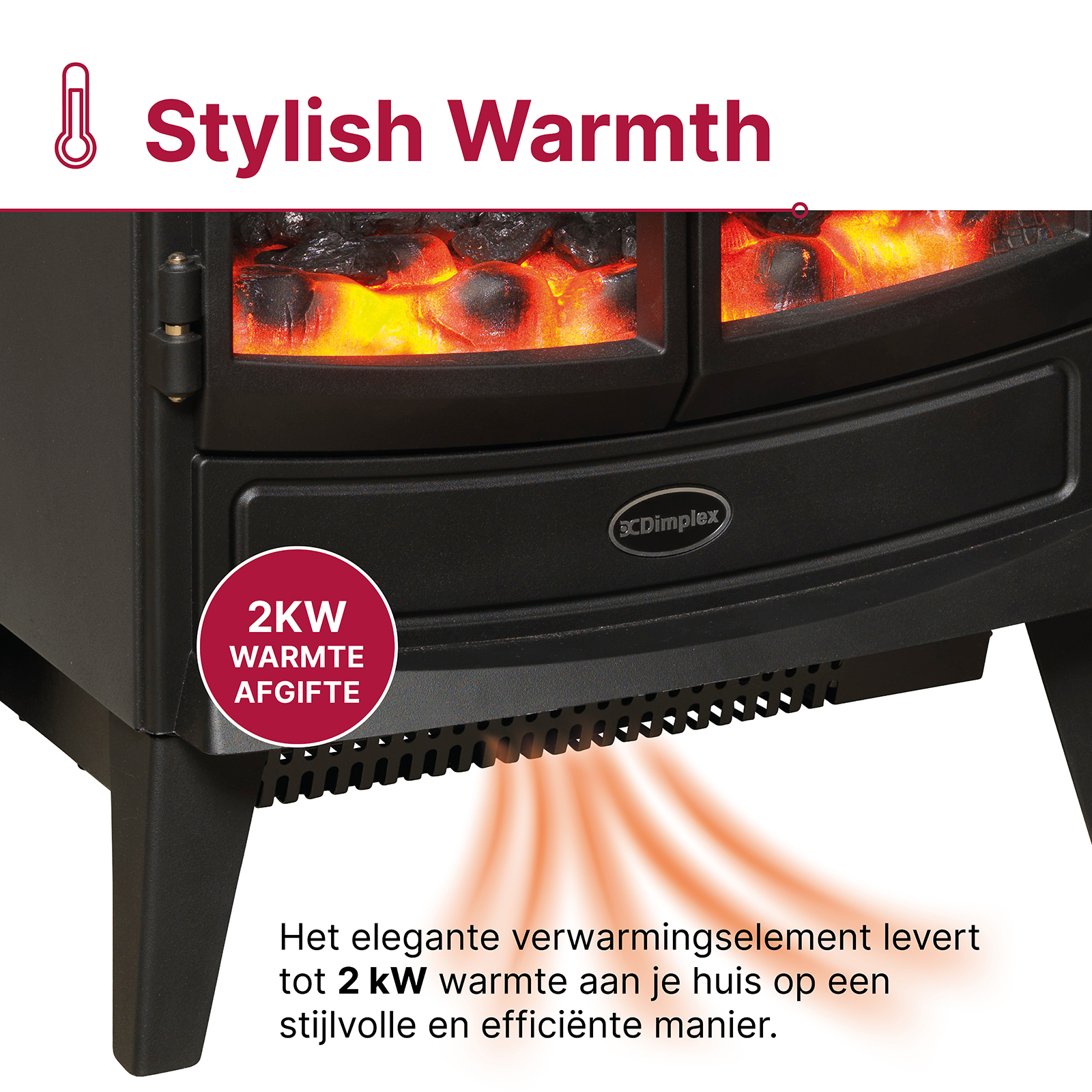 Black fireplace with stylish warmth and 2KW output.