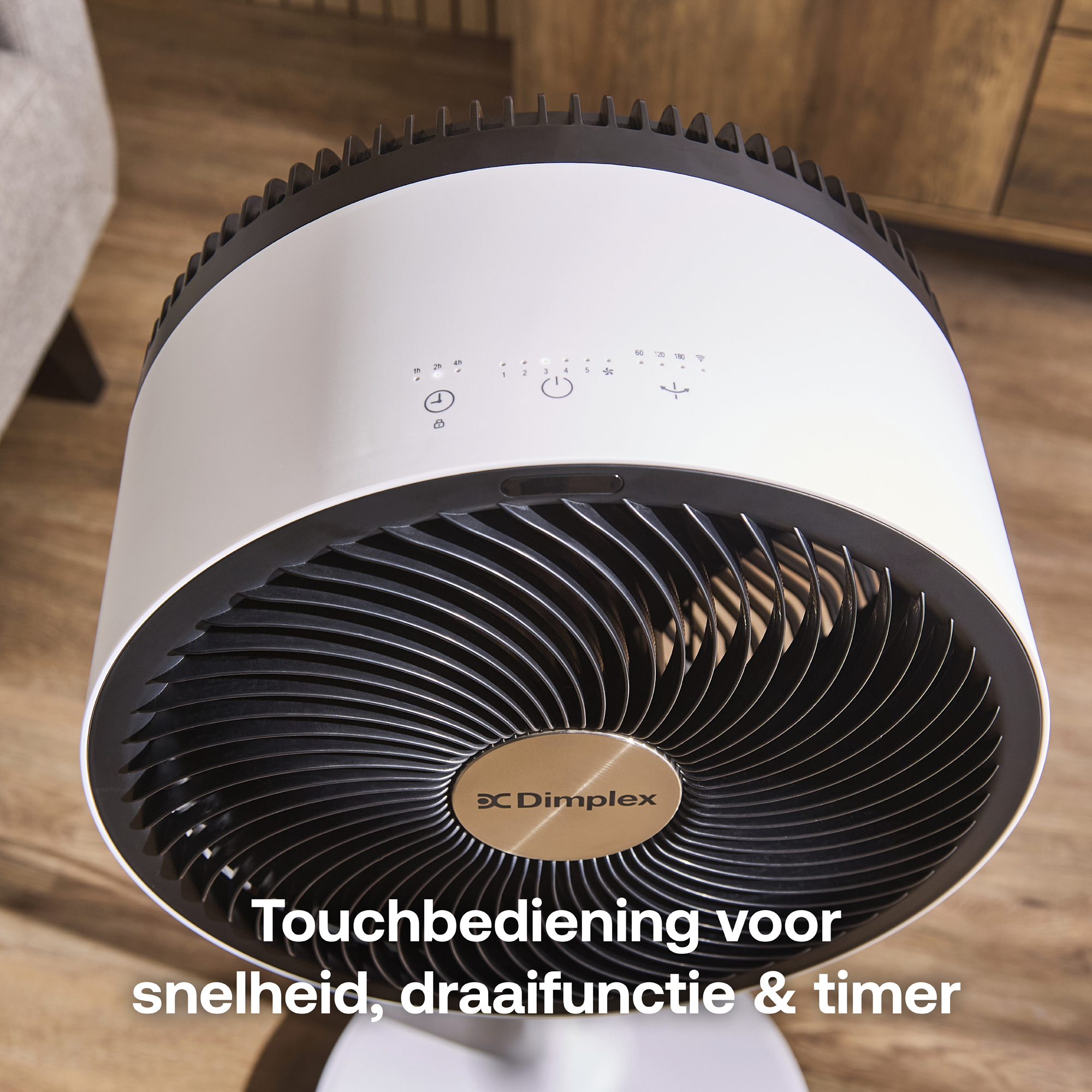 Witte Dimplex ventilator met touch bediening voor snelheid, oscillatie en timer.
