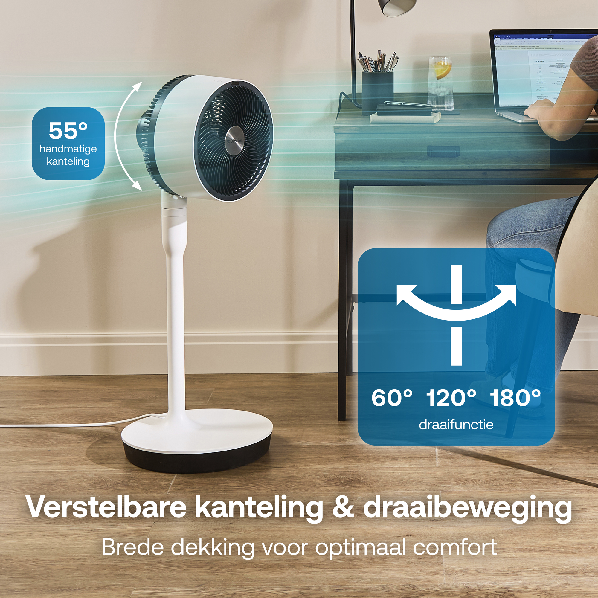 Een witte staande ventilator met 55° handmatige kanteling en 60-180° zwenkfunctie.
