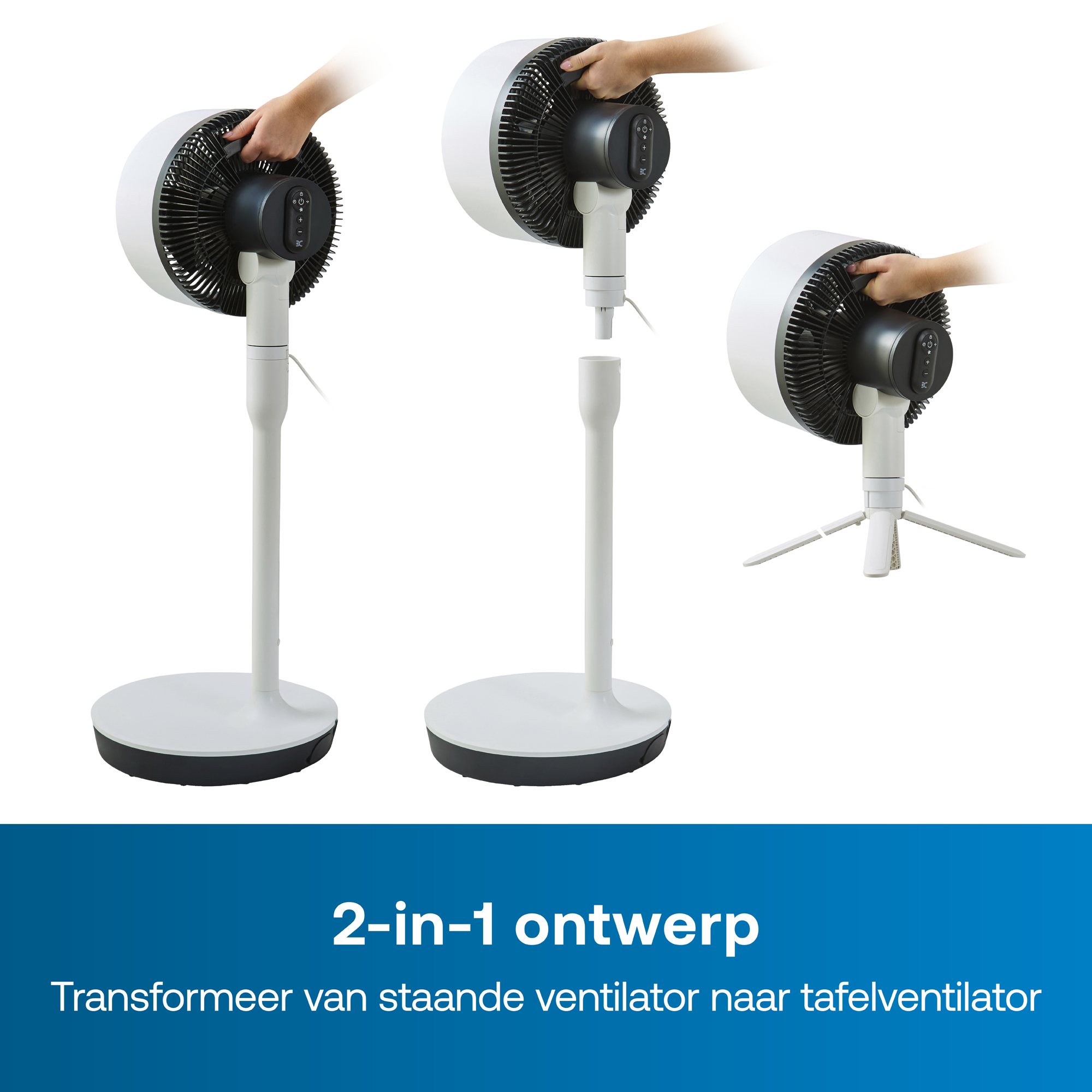 Een witte ventilator wordt getoond terwijl deze wordt omgezet in een tafelventilator.