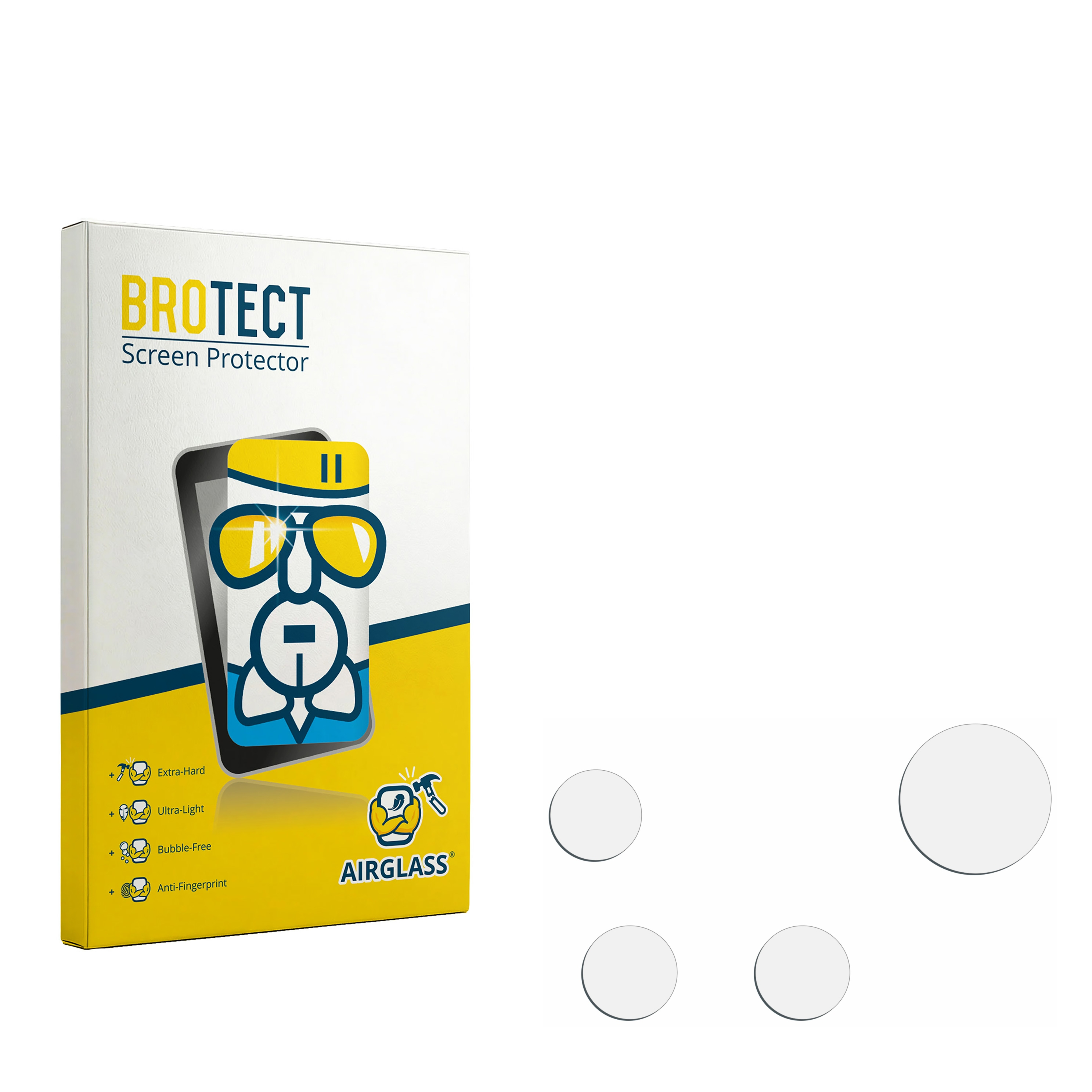 BROTECT Displayschutzfolien-Verpackung mit Merkmalen und vier runden Glasprotektoren.