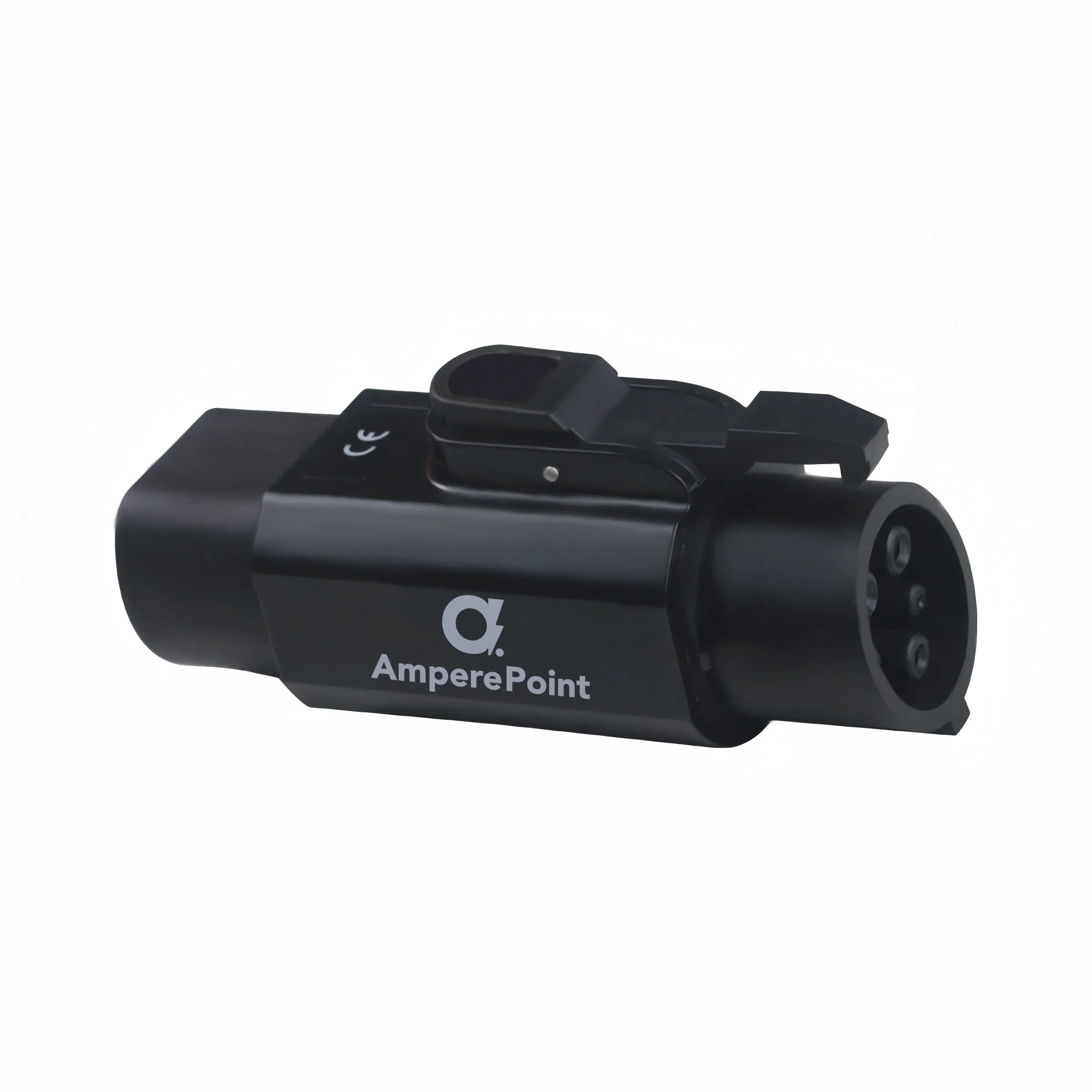 Czarny adapter z logo AmperePoint i oznaczeniem CE.