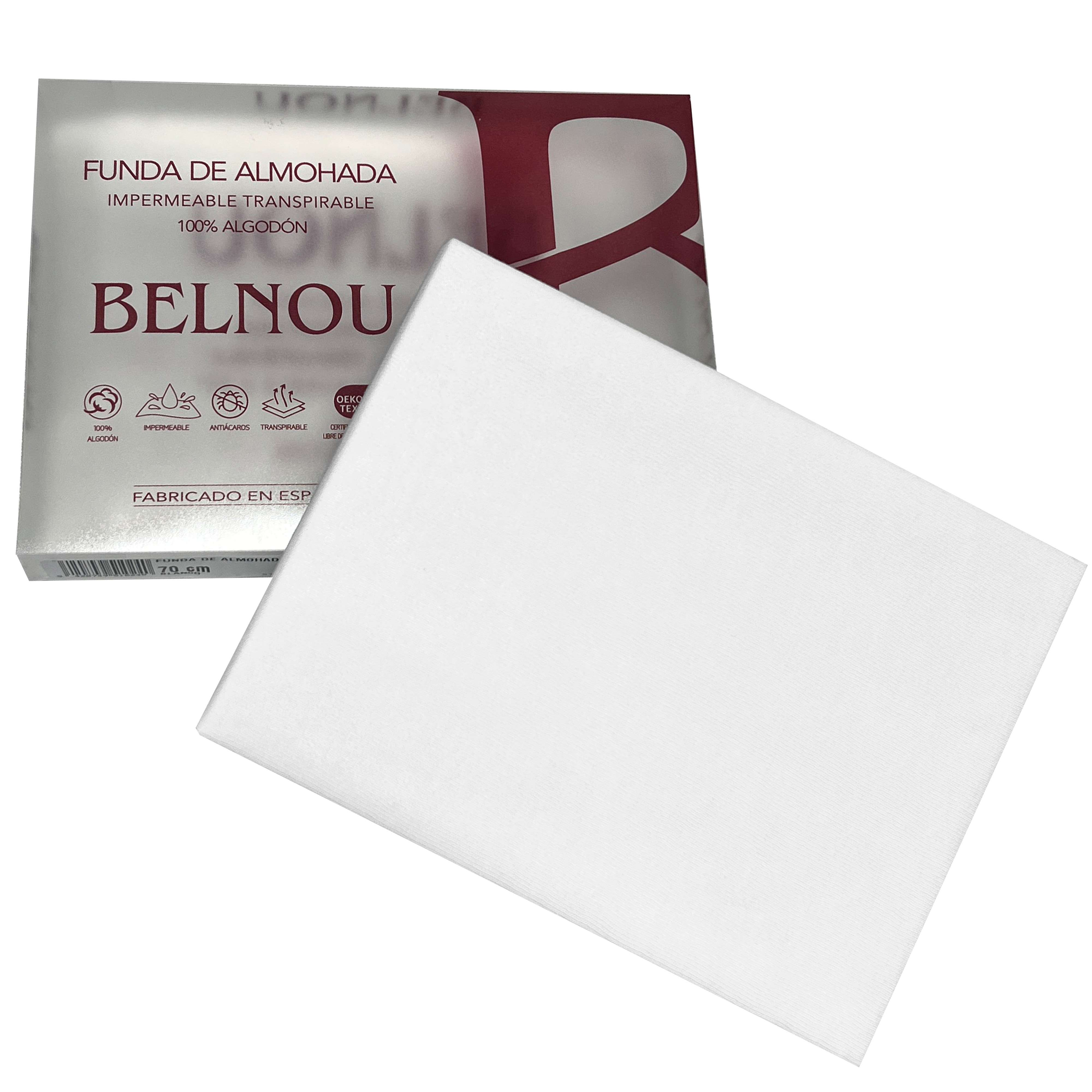 Funda de almohada blanca con embalaje que muestra 'BELNOU' y '100% Algodón'.
